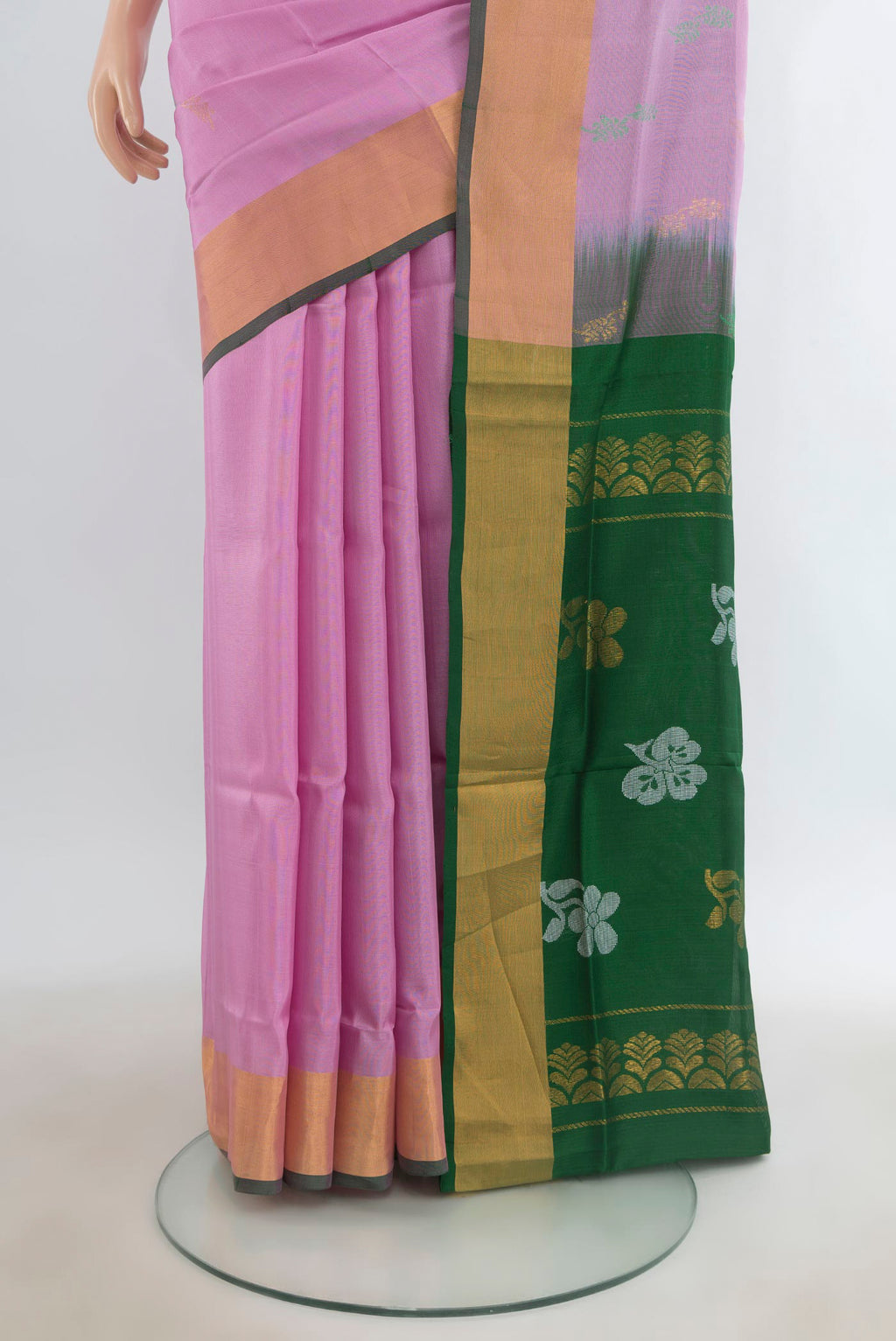 Pleats and pallu of Pure Silk Rose pink Uppada Saree with Zari Butta on the body and Zari Border. 