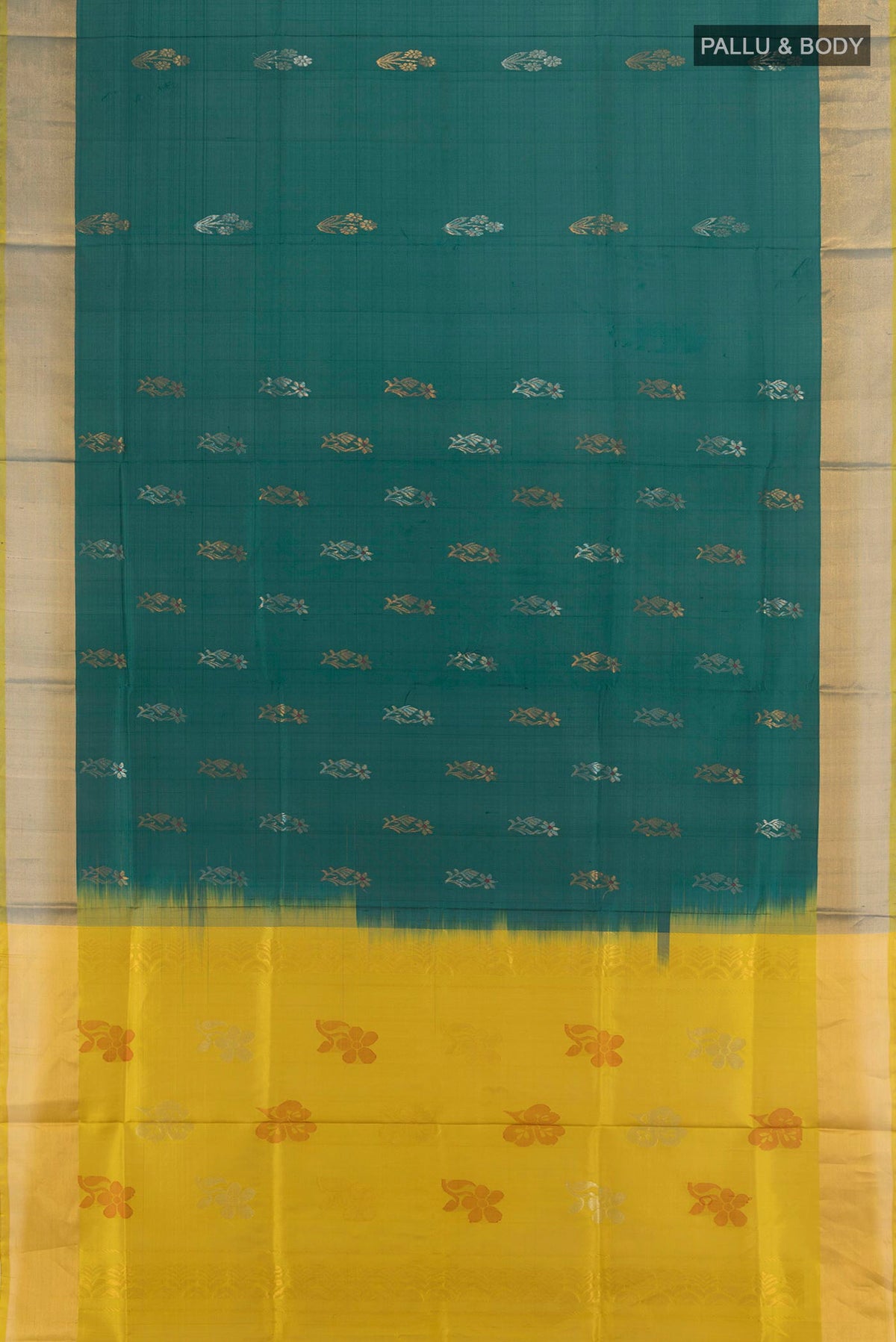 Flat view of Pure Silk Green Uppada Saree with Zari Butta on the body and Zari Border. 