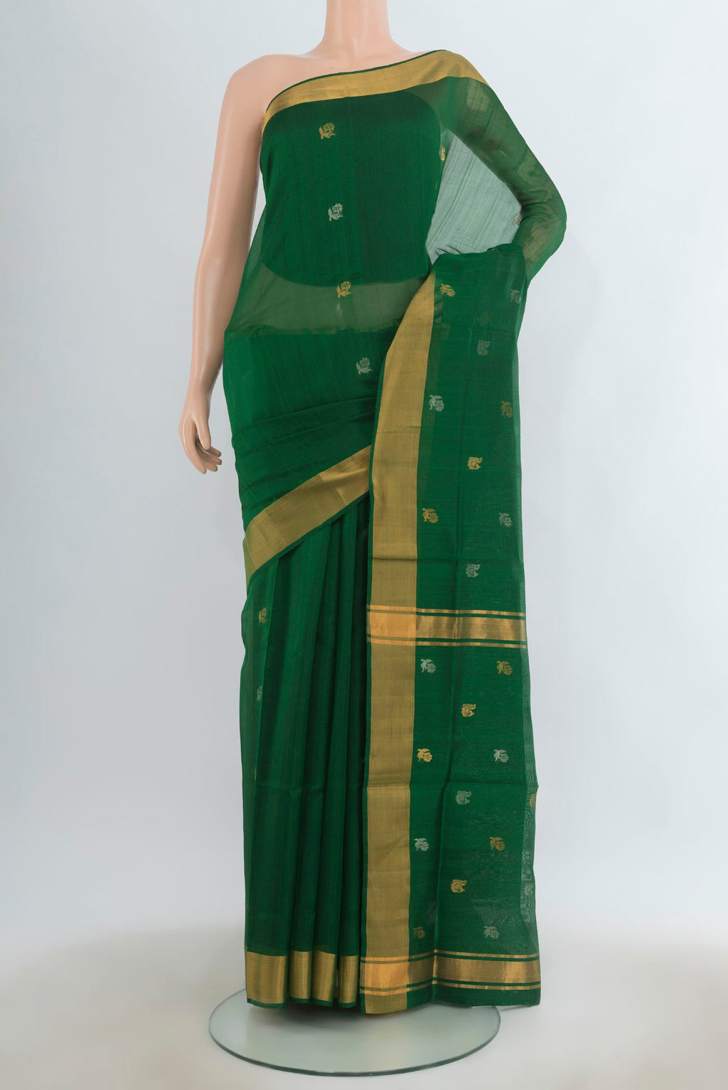 Pure Silk Green Uppada Saree with Zari Butta on the body and Zari Border.  displayed on a mannequin