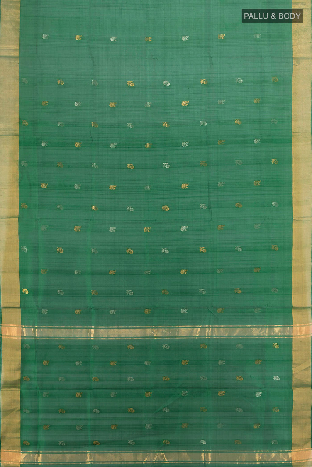 Flat view of Pure Silk Green Uppada Saree with Zari Butta on the body and Zari Border. 