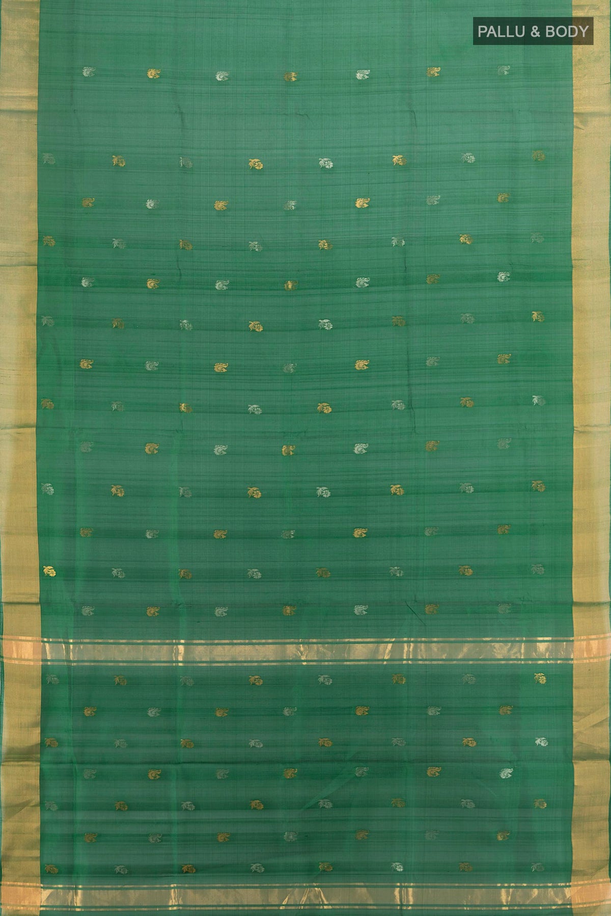Flat view of Pure Silk Green Uppada Saree with Zari Butta on the body and Zari Border. 