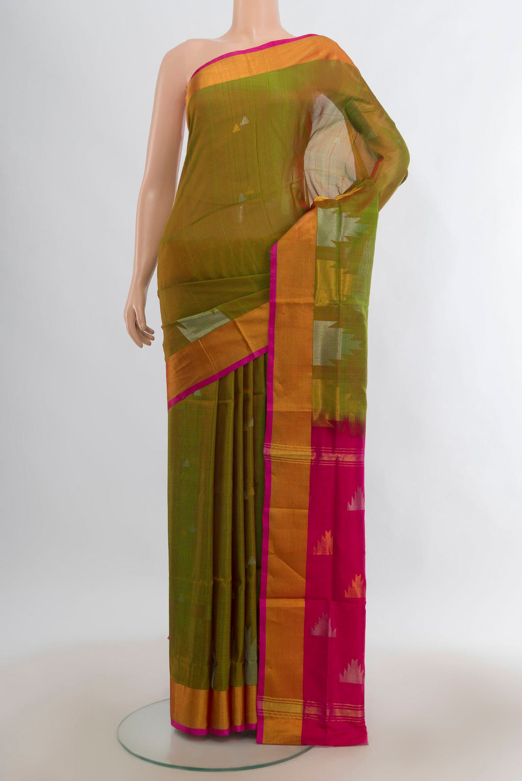 Pure Silk Mehandi Green Uppada Saree with Zari Butta on the body and Zari Border.  displayed on a mannequin