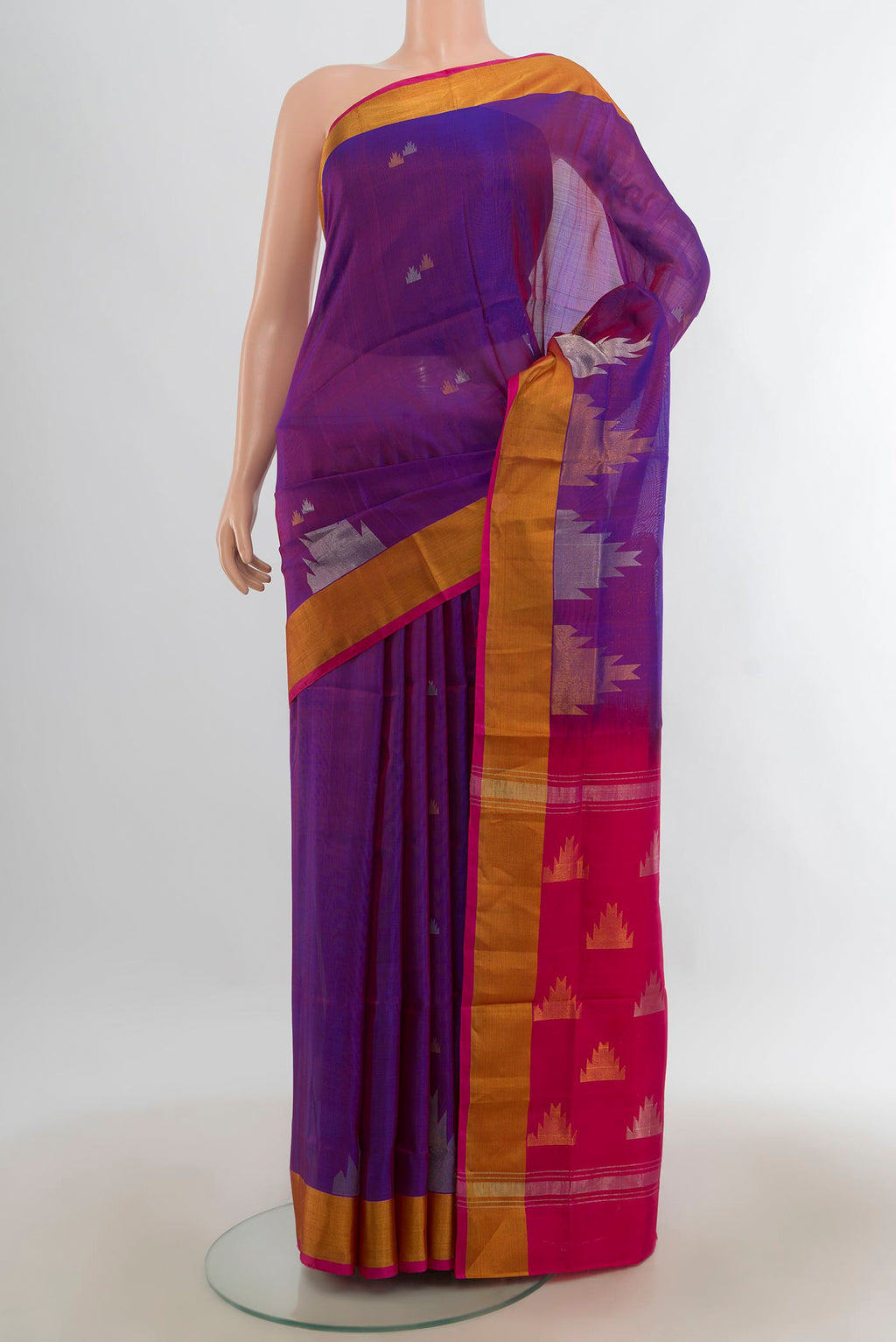 Pure Silk Violet Uppada Saree with Zari Butta on the body and Silk Border.  displayed on a mannequin