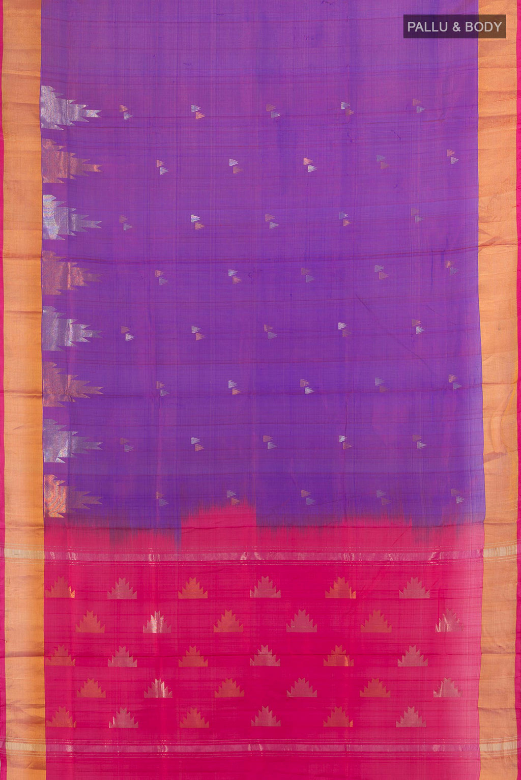 Flat view of Pure Silk Violet Uppada Saree with Zari Butta on the body and Silk Border. 