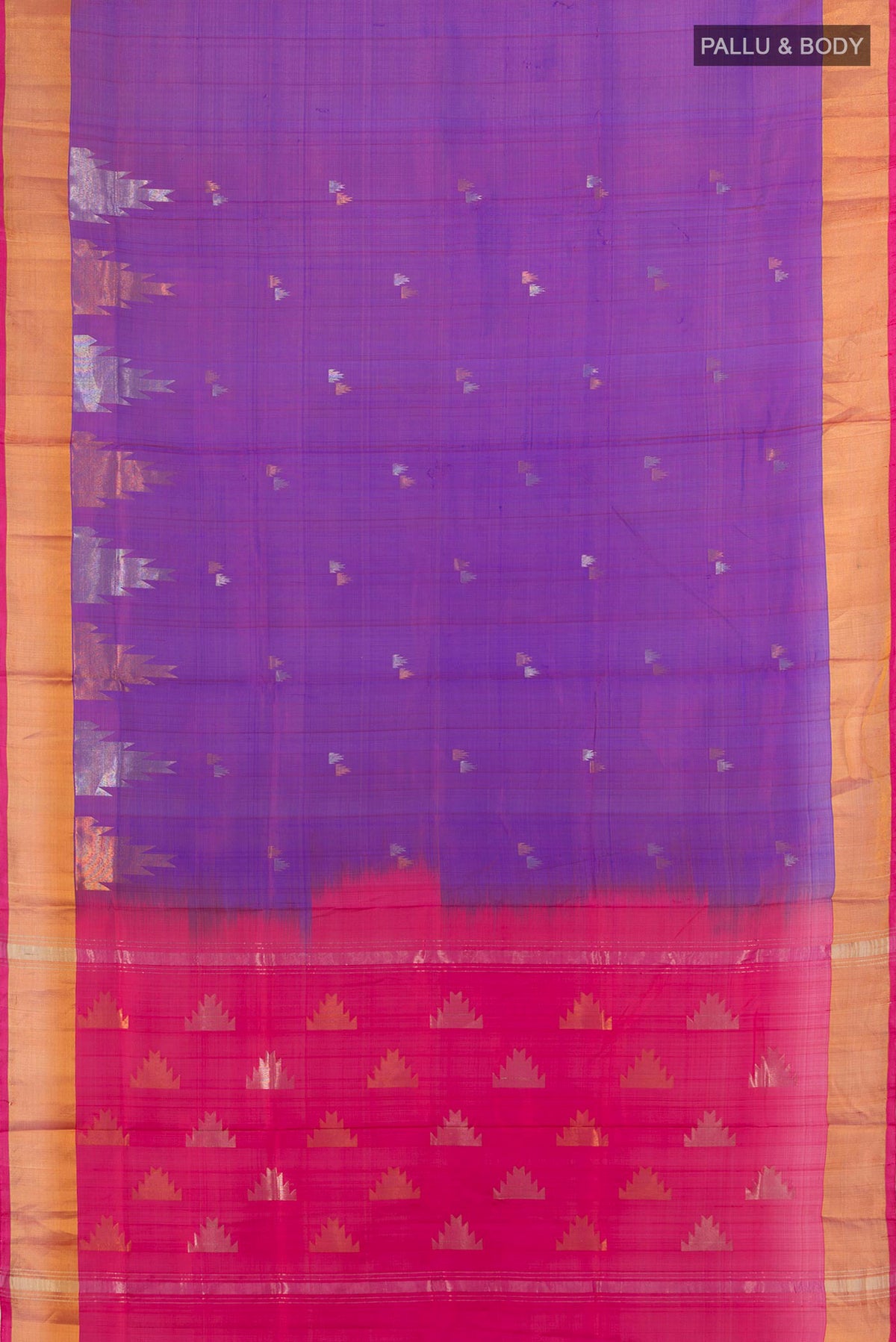 Flat view of Pure Silk Violet Uppada Saree with Zari Butta on the body and Silk Border. 
