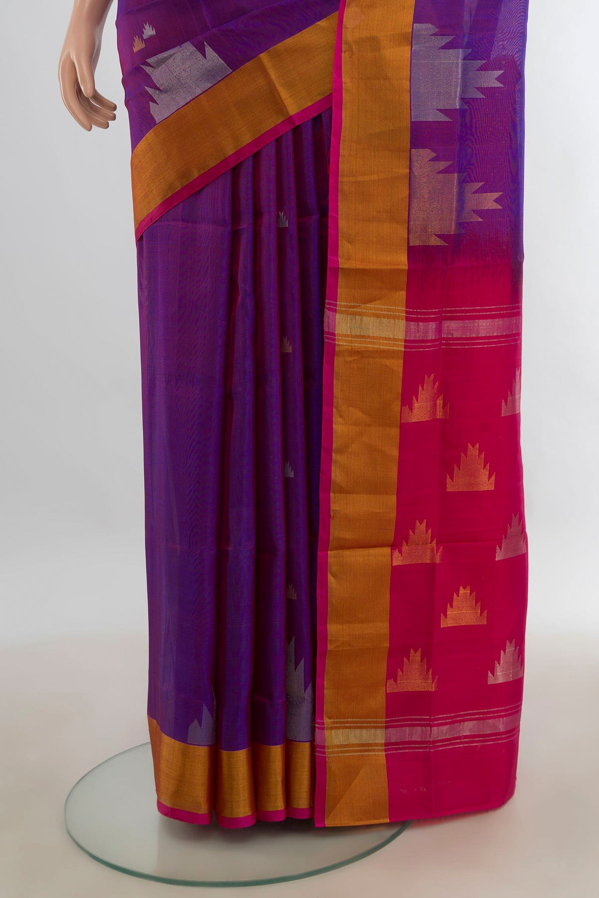 Pleats and pallu of Pure Silk Violet Uppada Saree with Zari Butta on the body and Silk Border. 
