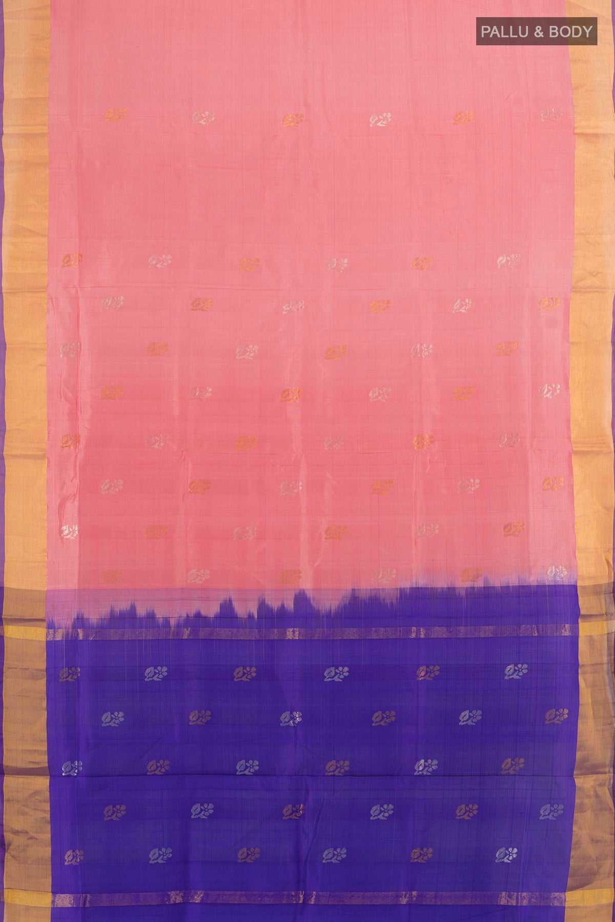 Flat view of Pure Silk Rose Gold Uppada Saree with Zari Butta on the body and Silk Border. 