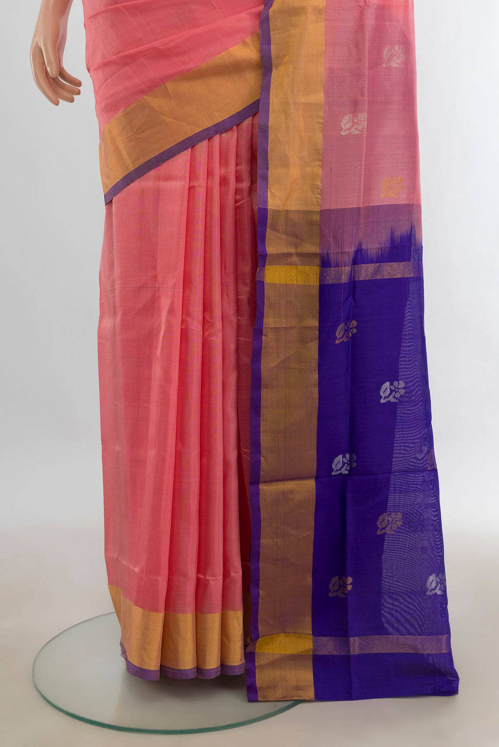 Pleats and pallu of Pure Silk Rose Gold Uppada Saree with Zari Butta on the body and Silk Border. 