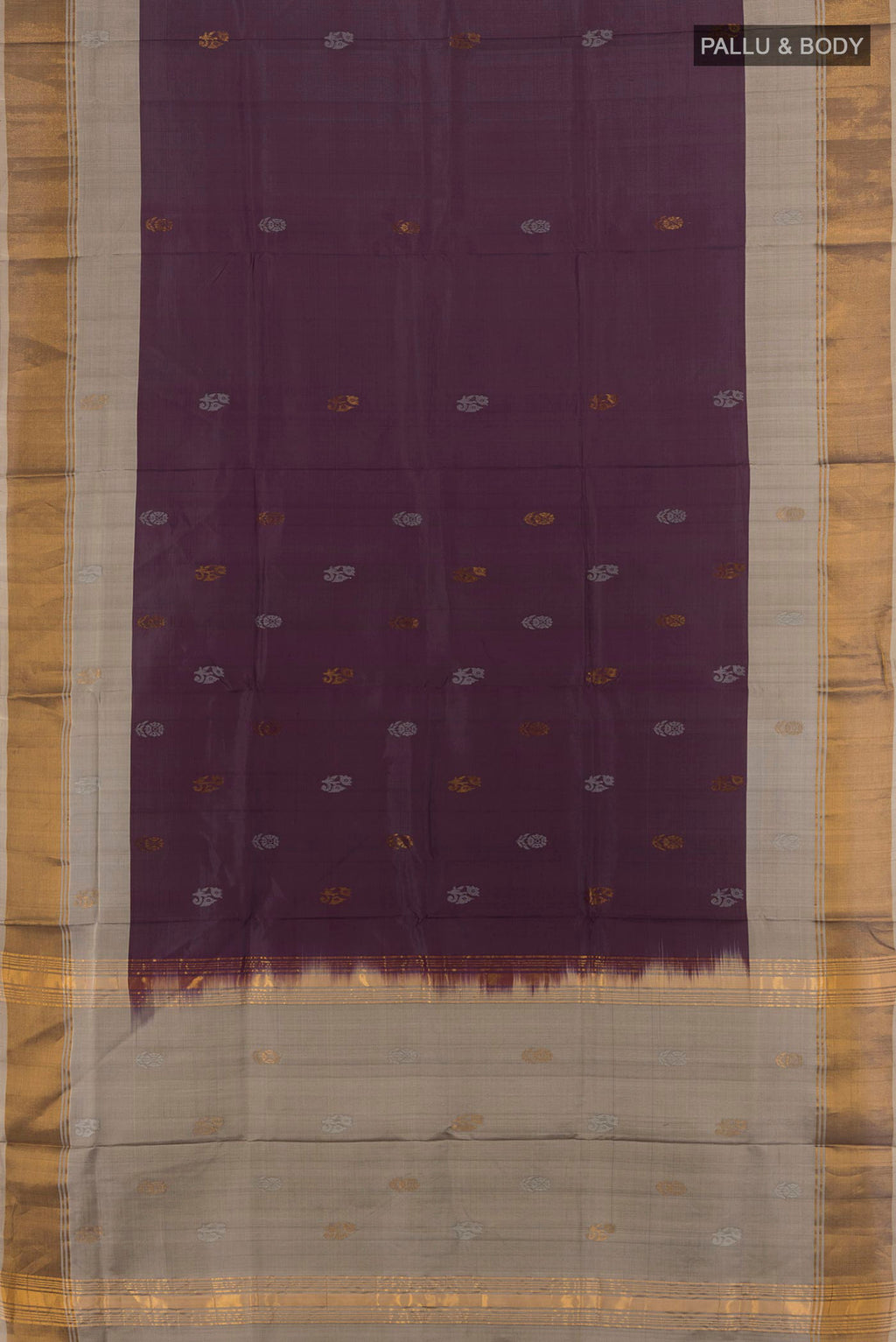 Flat view of Pure Silk Coffee Brown Uppada Saree with Zari Butta on the body and Zari Border. 