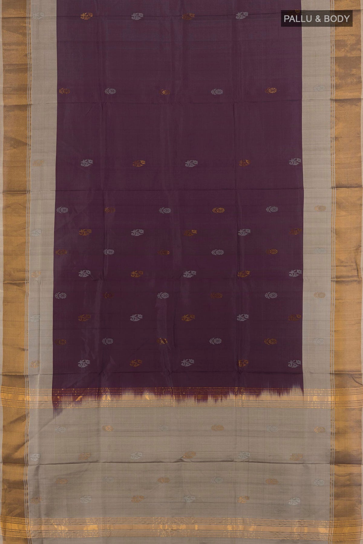 Flat view of Pure Silk Coffee Brown Uppada Saree with Zari Butta on the body and Zari Border. 