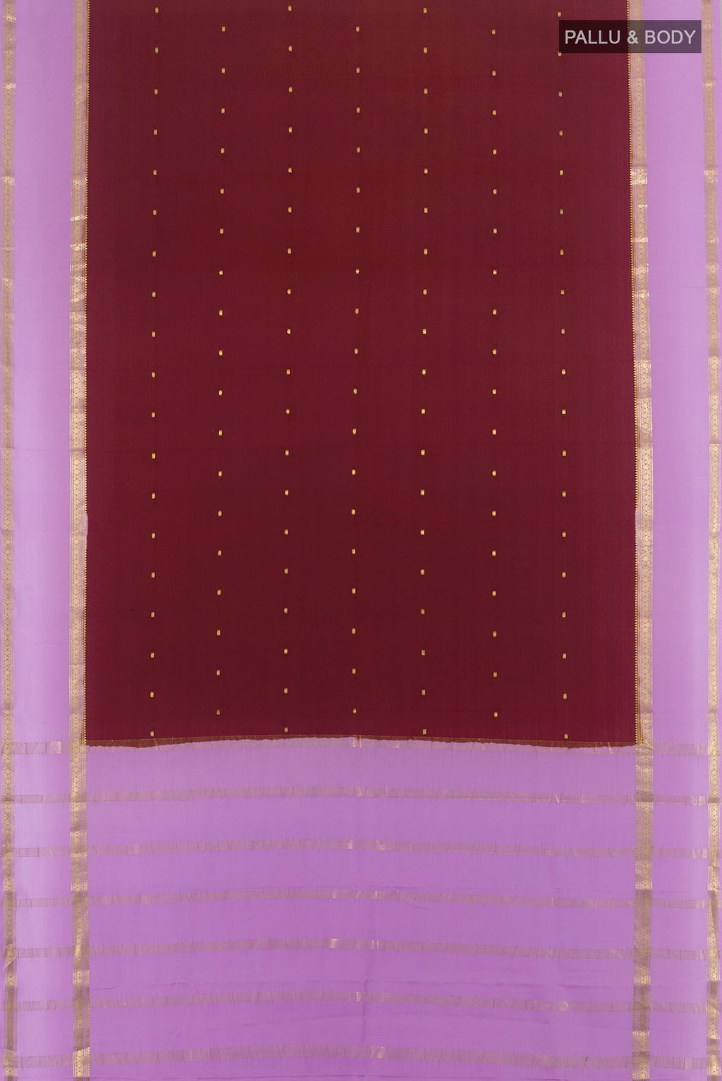 Flat view of Maroon Mysore Crepe Saree with Zari Butta on the body and Zari Border. 