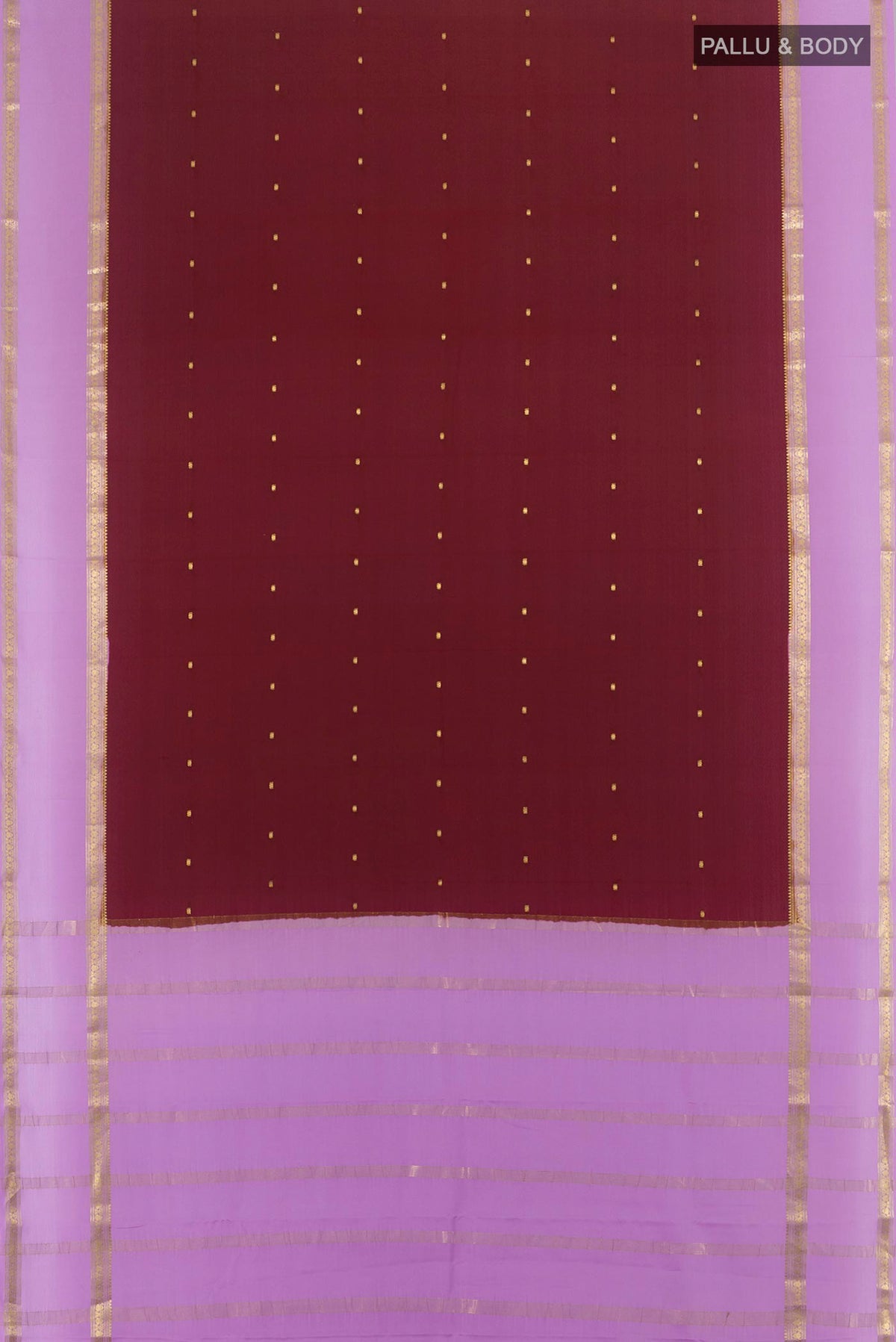 Flat view of Maroon Mysore Crepe Saree with Zari Butta on the body and Zari Border. 