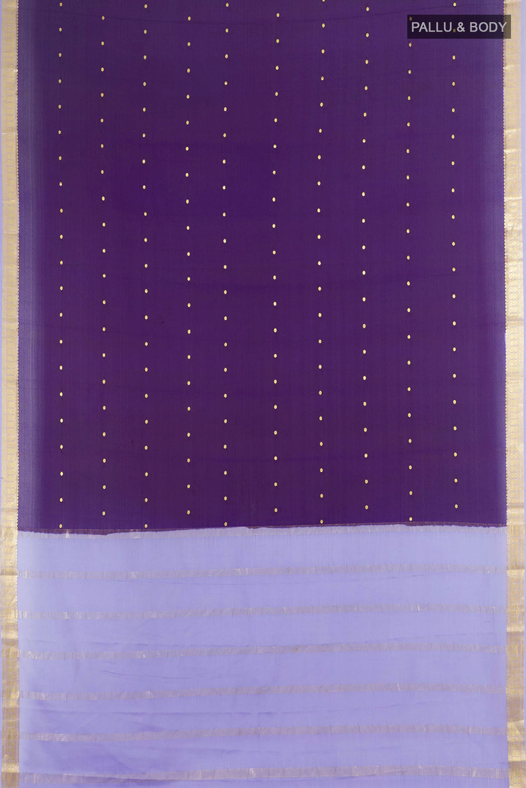 Flat view of Violet Mysore Crepe Saree with Zari Butta on the body and Silk Border. 