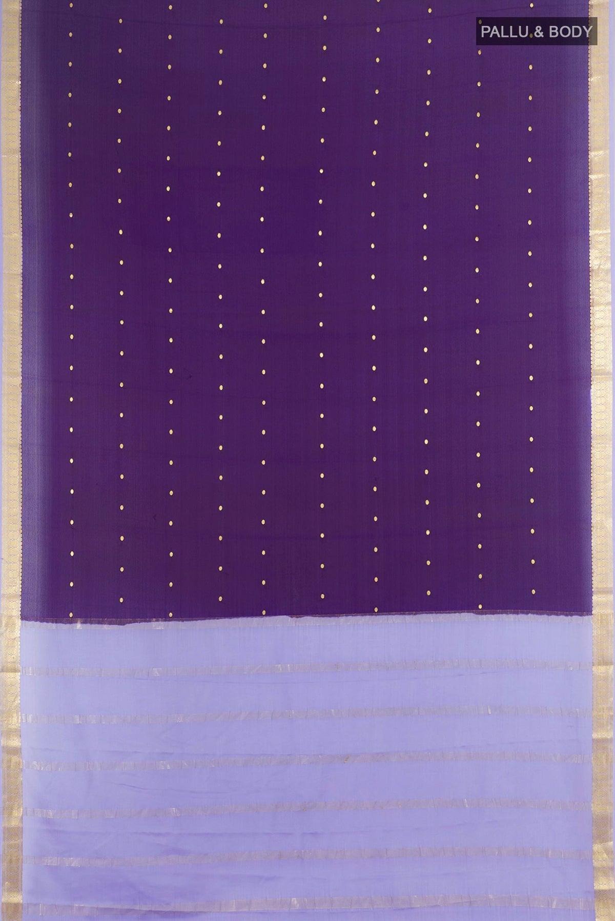Flat view of Violet Mysore Crepe Saree with Zari Butta on the body and Silk Border. 