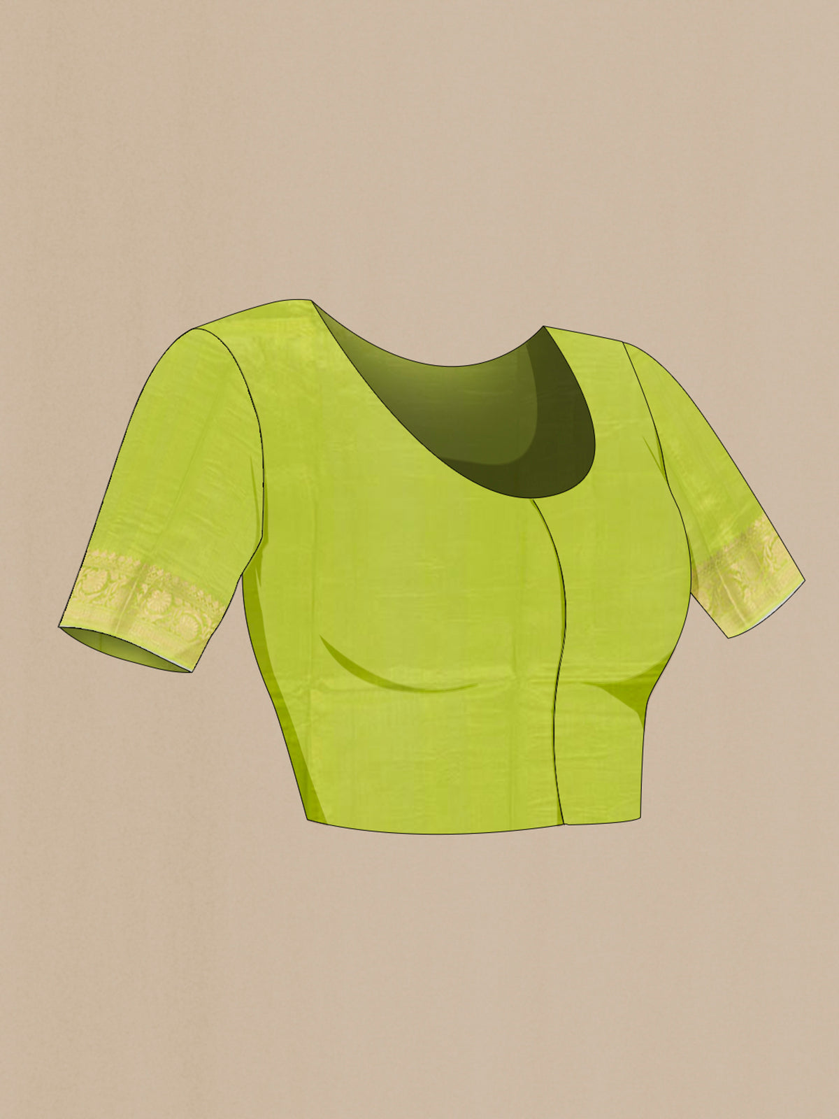 Close up image of the blouse of Pure Silk Light Green Banarasi Katan Saree with Zari Butta on the body and Zari Border. 