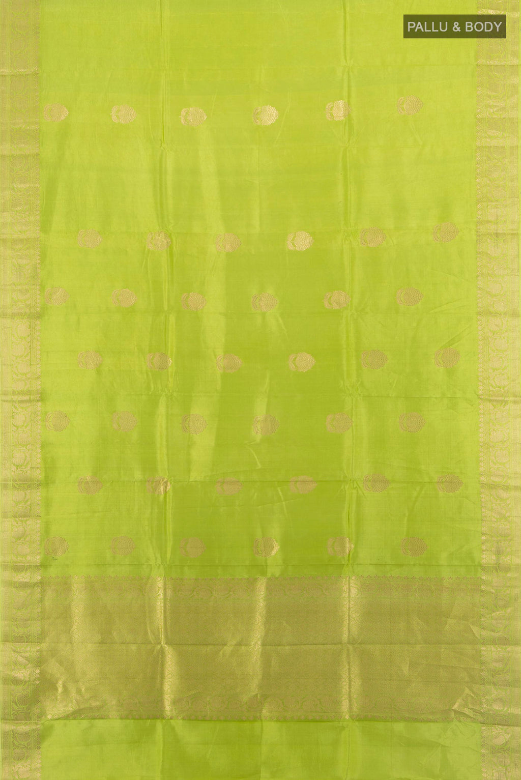 Flat view of Pure Silk Light Green Banarasi Katan Saree with Zari Butta on the body and Zari Border. 