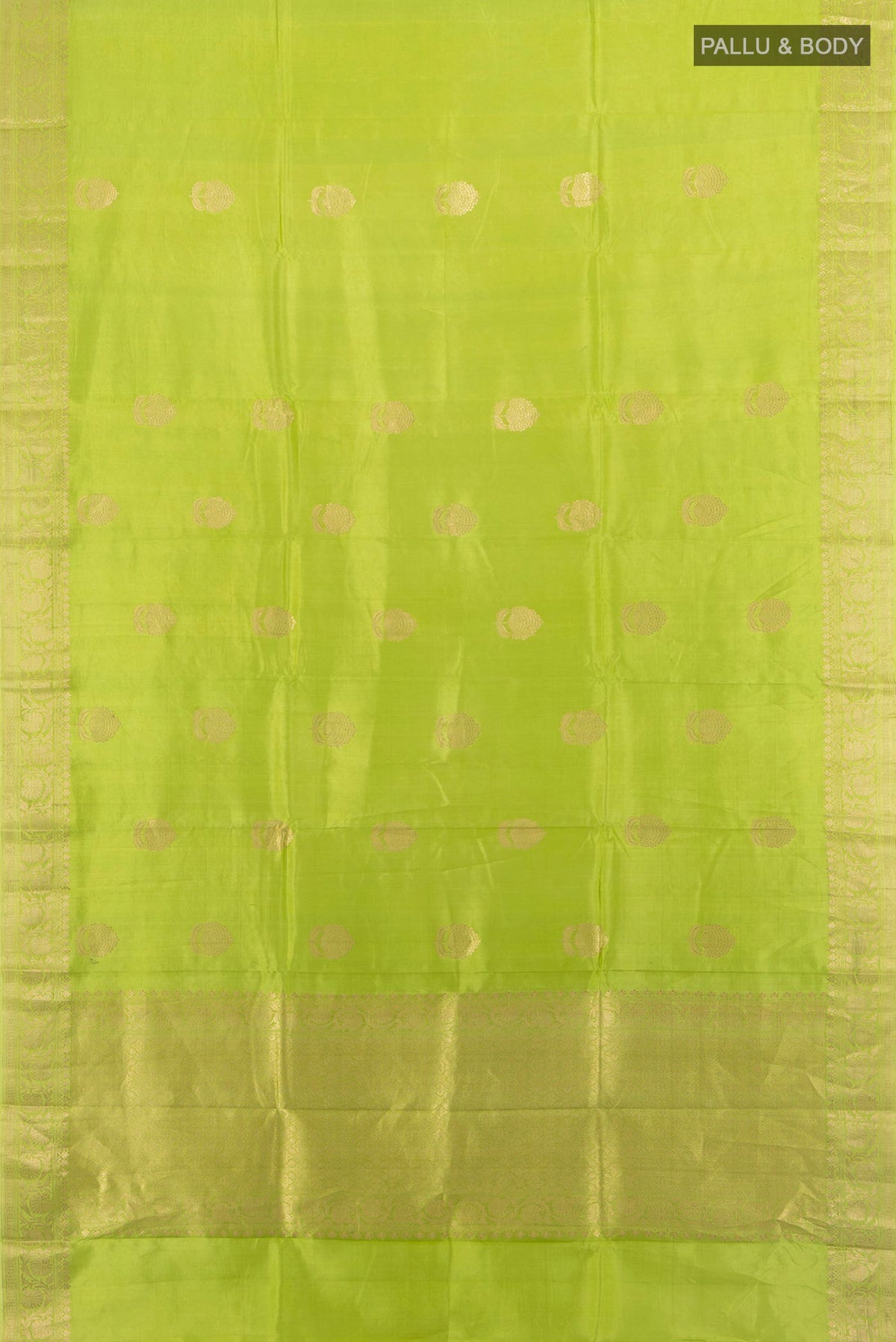 Flat view of Pure Silk Light Green Banarasi Katan Saree with Zari Butta on the body and Zari Border. 