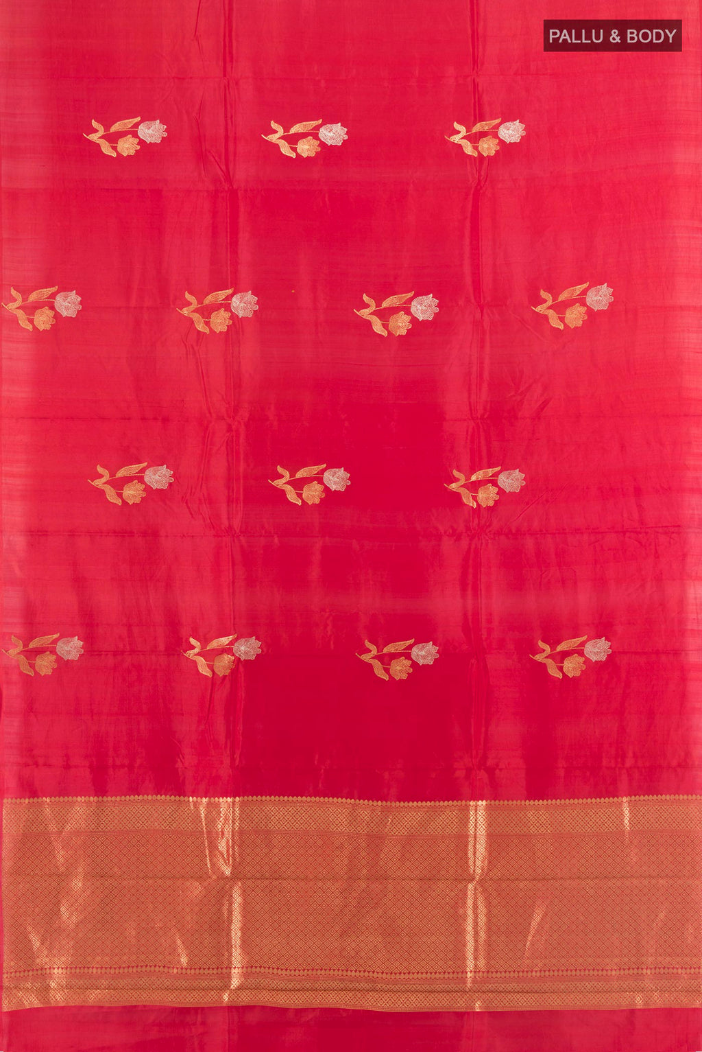 Flat view of Pure Silk Red Banarasi Katan Saree with Zari Butta on the body and Without Border. 