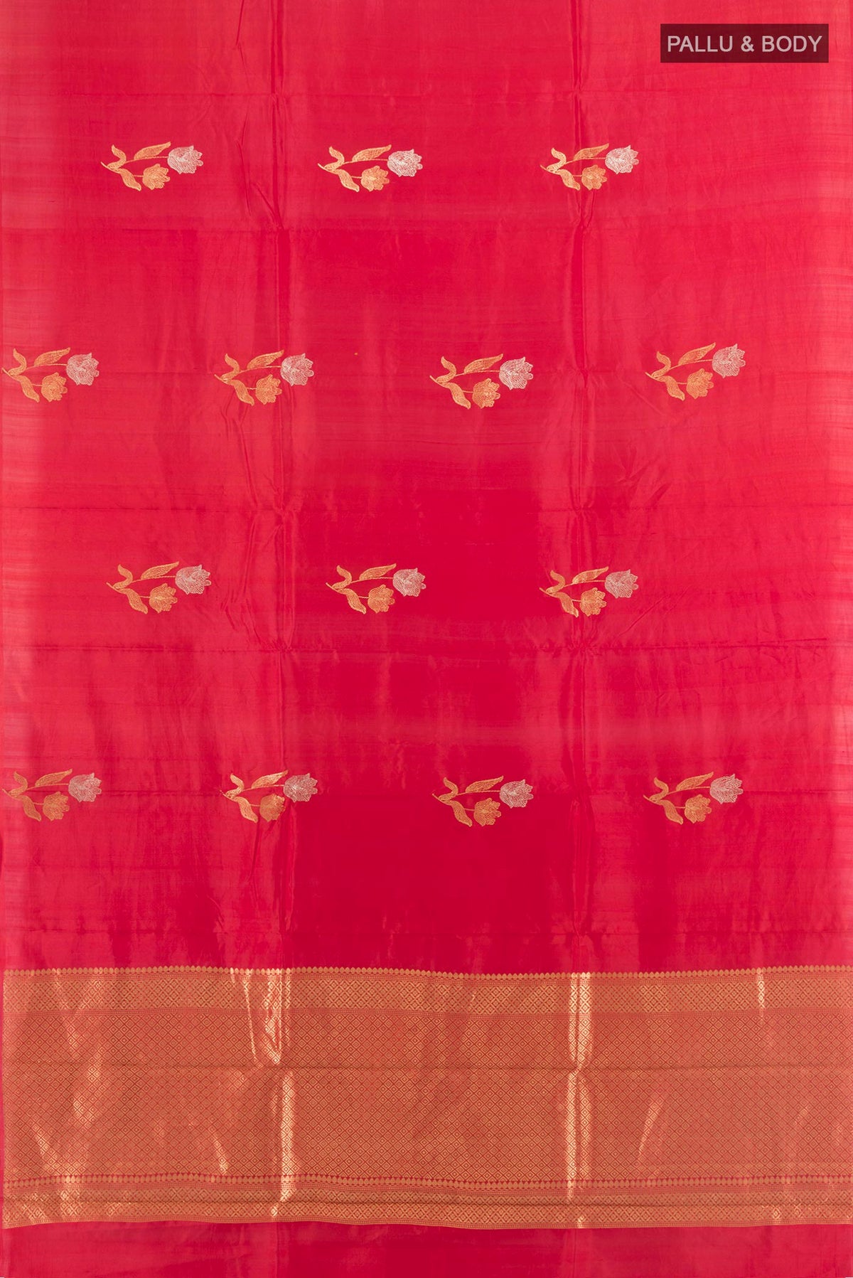 Flat view of Pure Silk Red Banarasi Katan Saree with Zari Butta on the body and Without Border. 