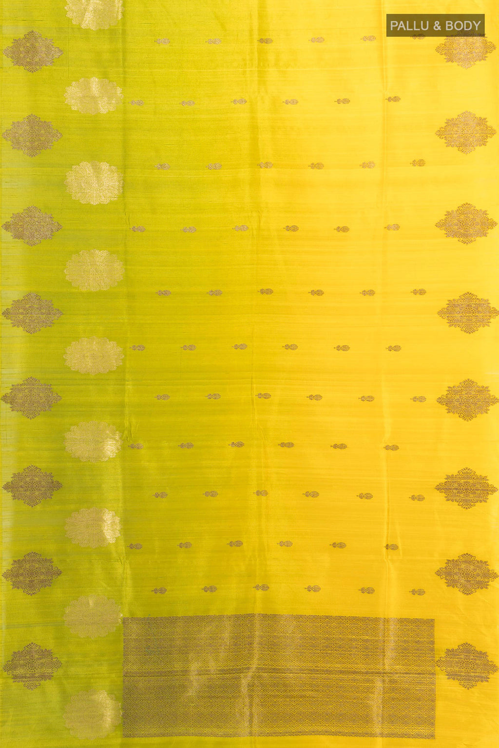 Flat view of Lemon Yellow Tussar Saree with Zari Butta on the body and Zari Border. 