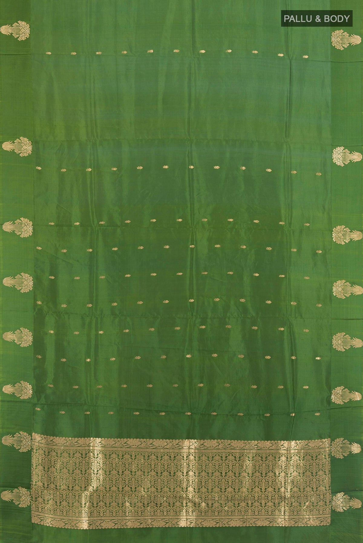 Flat view of Pure Silk Green Banarasi Katan Saree with Zari Butta on the body and Satin Border. 