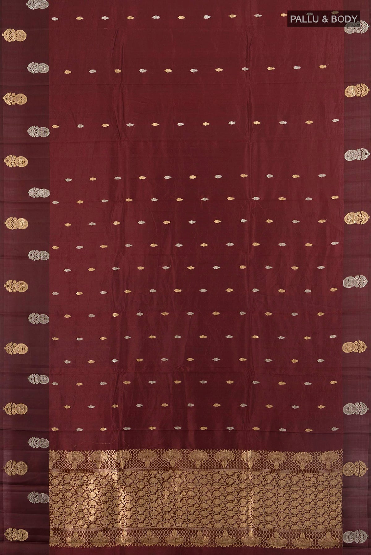 Flat view of Pure Silk Coffee Brown Banarasi Katan Saree with Zari Butta on the body and Silk Border. 