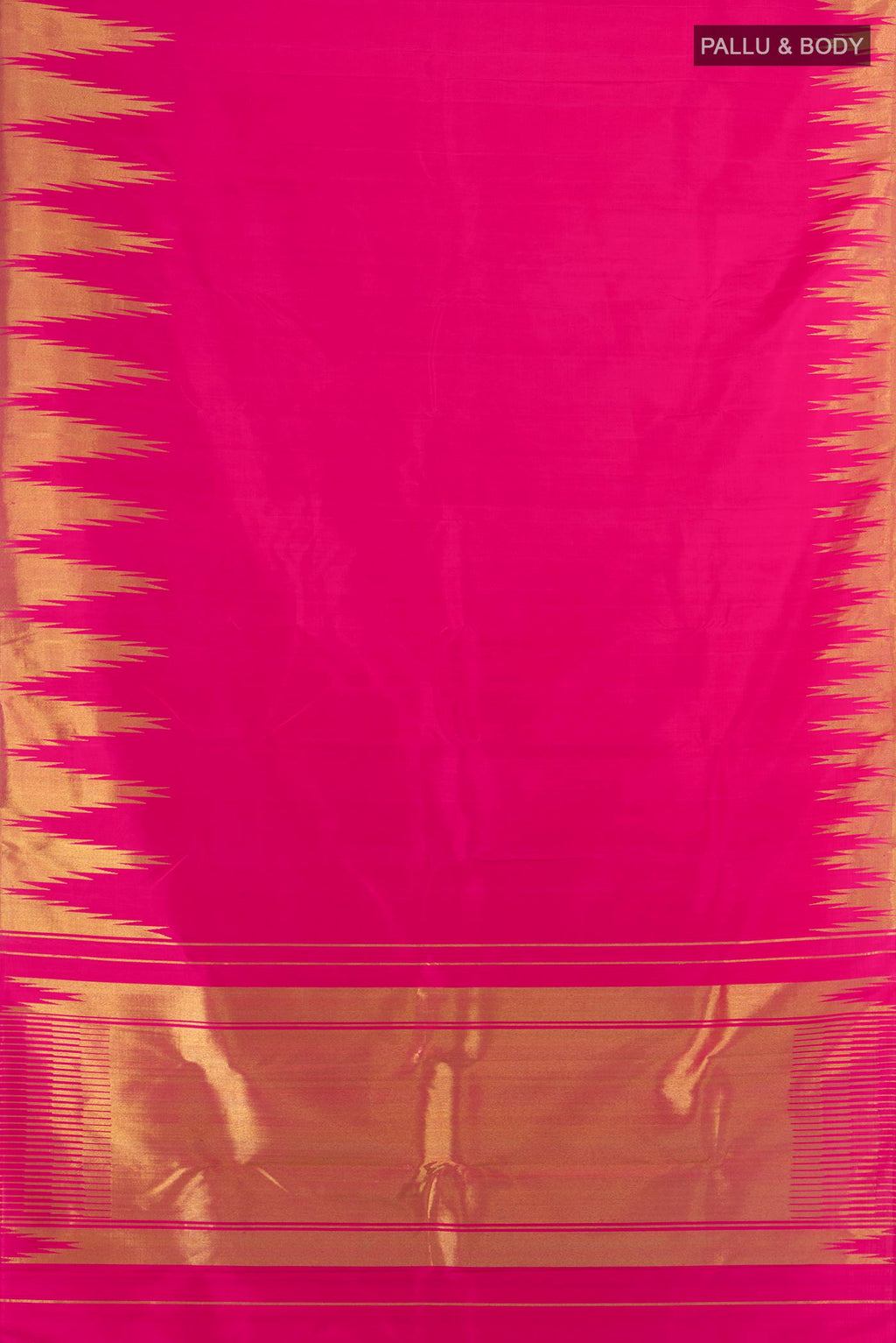 Flat view of Pure Silk Pure Zari Dark Pink Kanjivaram Saree with Zari Butta on the body and Silk Border. 