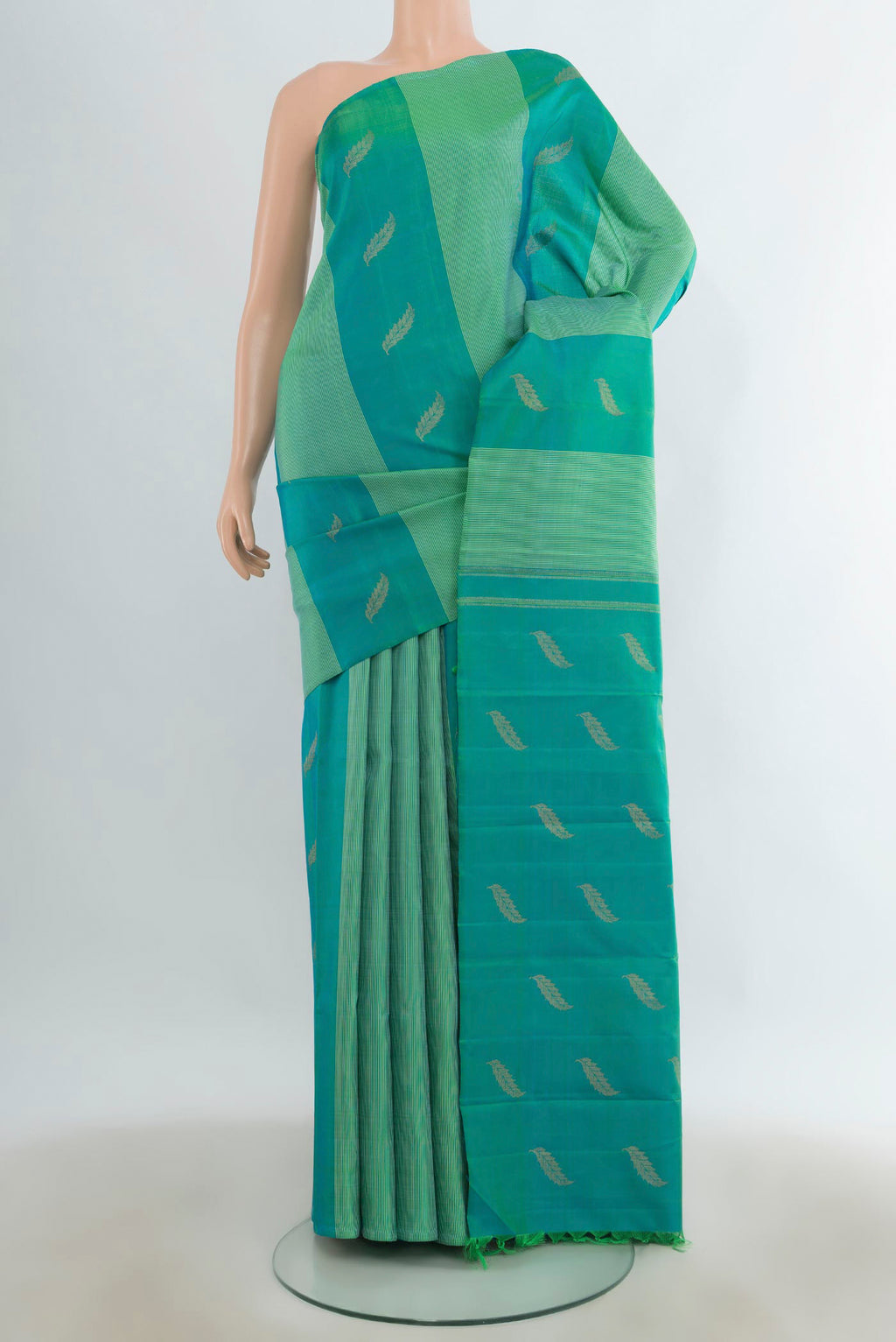 Pure Silk Turquoise Kanchipuram Saree with Stripes on the body and Without Border.  displayed on a mannequin