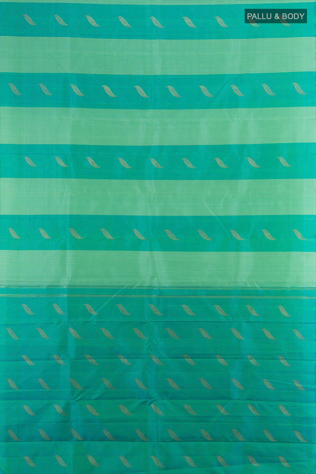Flat view of Pure Silk Turquoise Kanchipuram Saree with Stripes on the body and Without Border. 