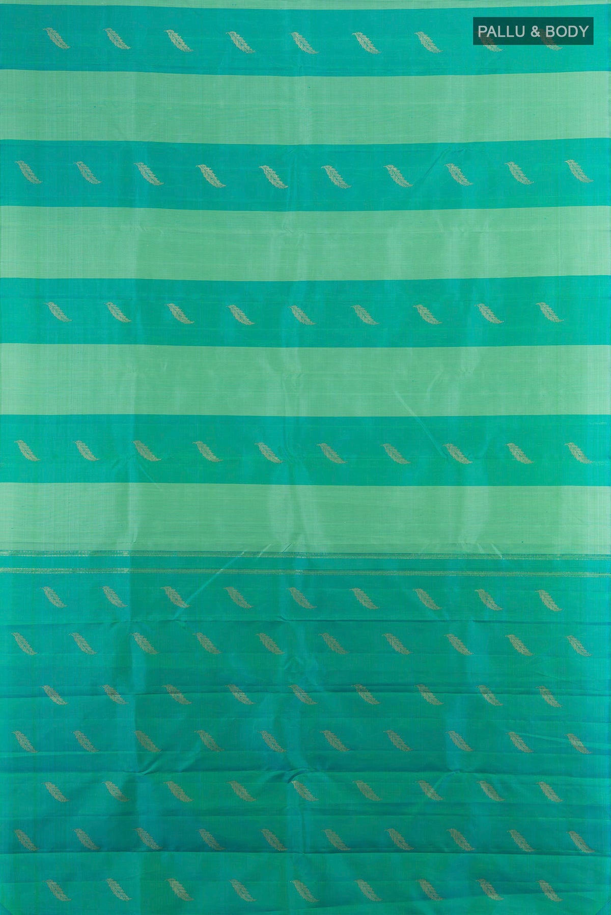 Flat view of Pure Silk Turquoise Kanchipuram Saree with Stripes on the body and Without Border. 