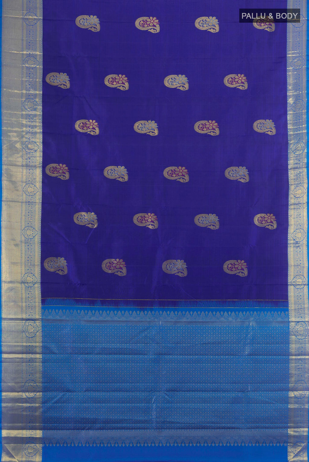 Flat view of Pure Silk Dark Blue Kanjivaram Saree with Zari Butta on the body and Silk Border. 
