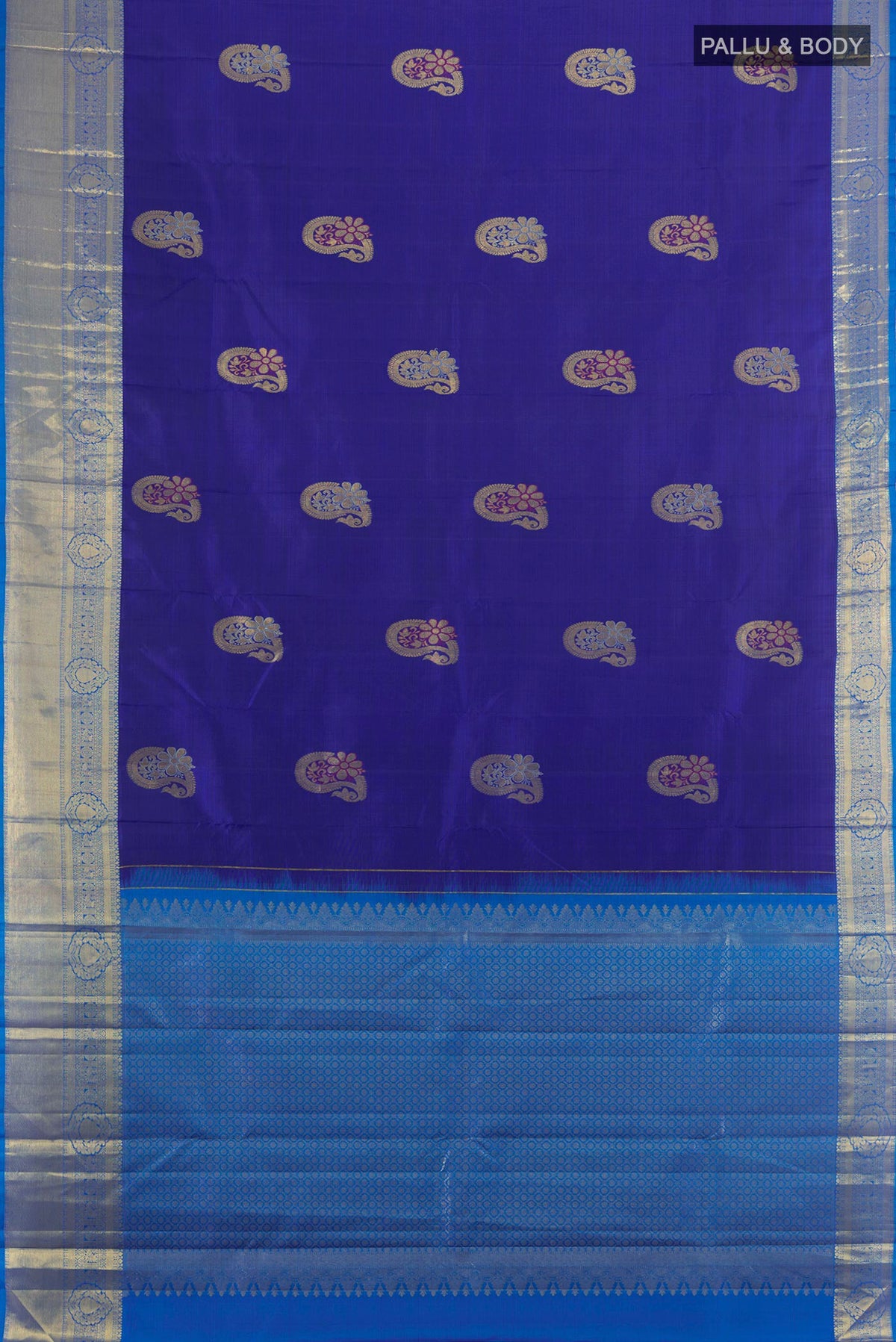 Flat view of Pure Silk Dark Blue Kanjivaram Saree with Zari Butta on the body and Silk Border. 