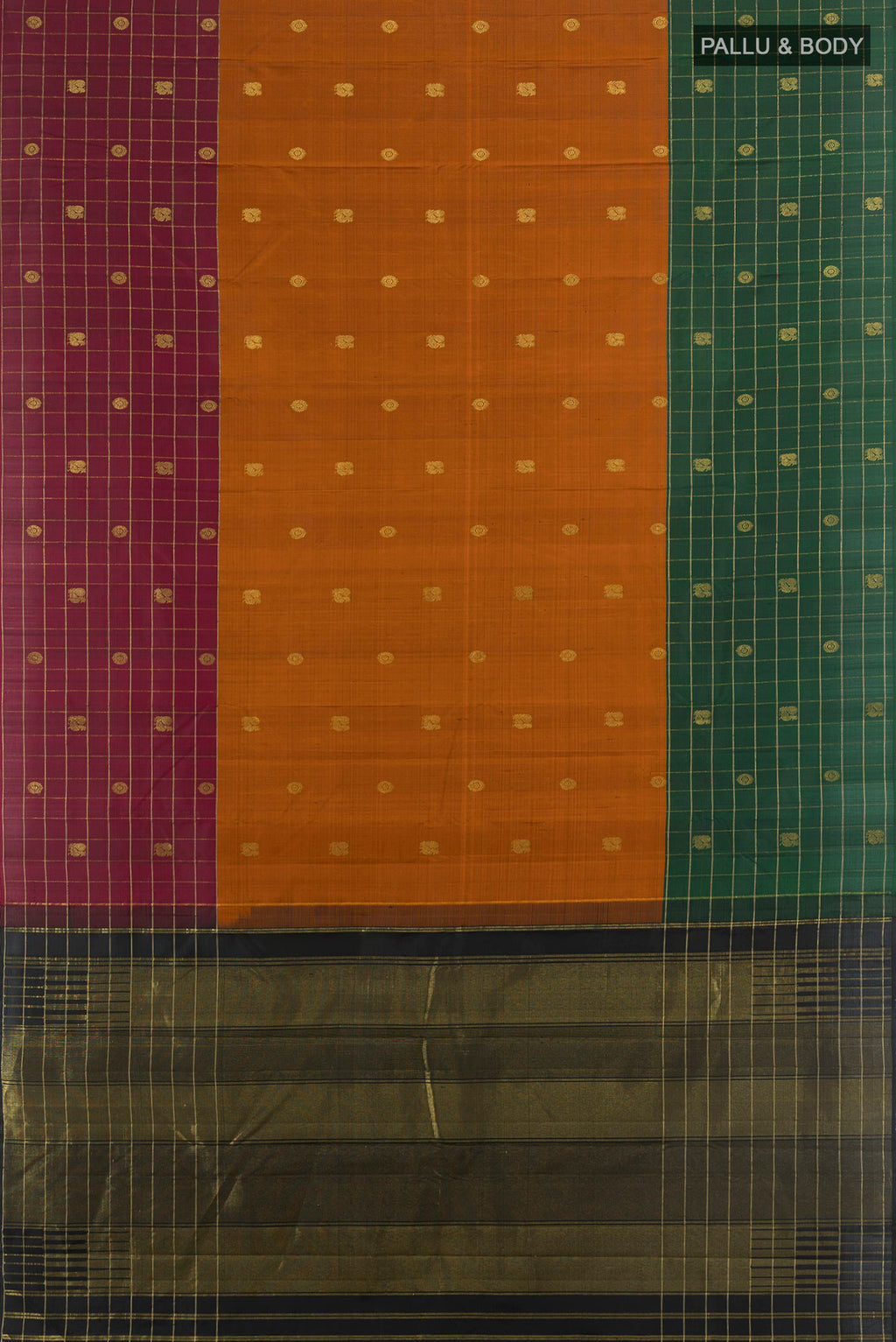 Flat view of Pure Silk Multi Color Kanjivaram Saree with Zari Butta on the body and Silk Border. 