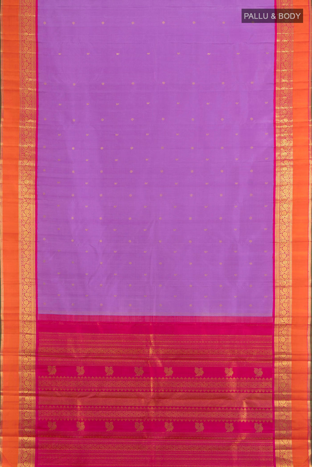 Flat view of Pure Silk Pure Zari Lavender Kanjivaram Saree with Zari Butta on the body and Silk Border. 