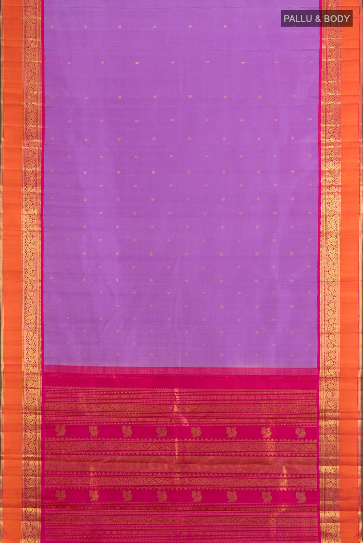 Flat view of Pure Silk Pure Zari Lavender Kanjivaram Saree with Zari Butta on the body and Silk Border. 