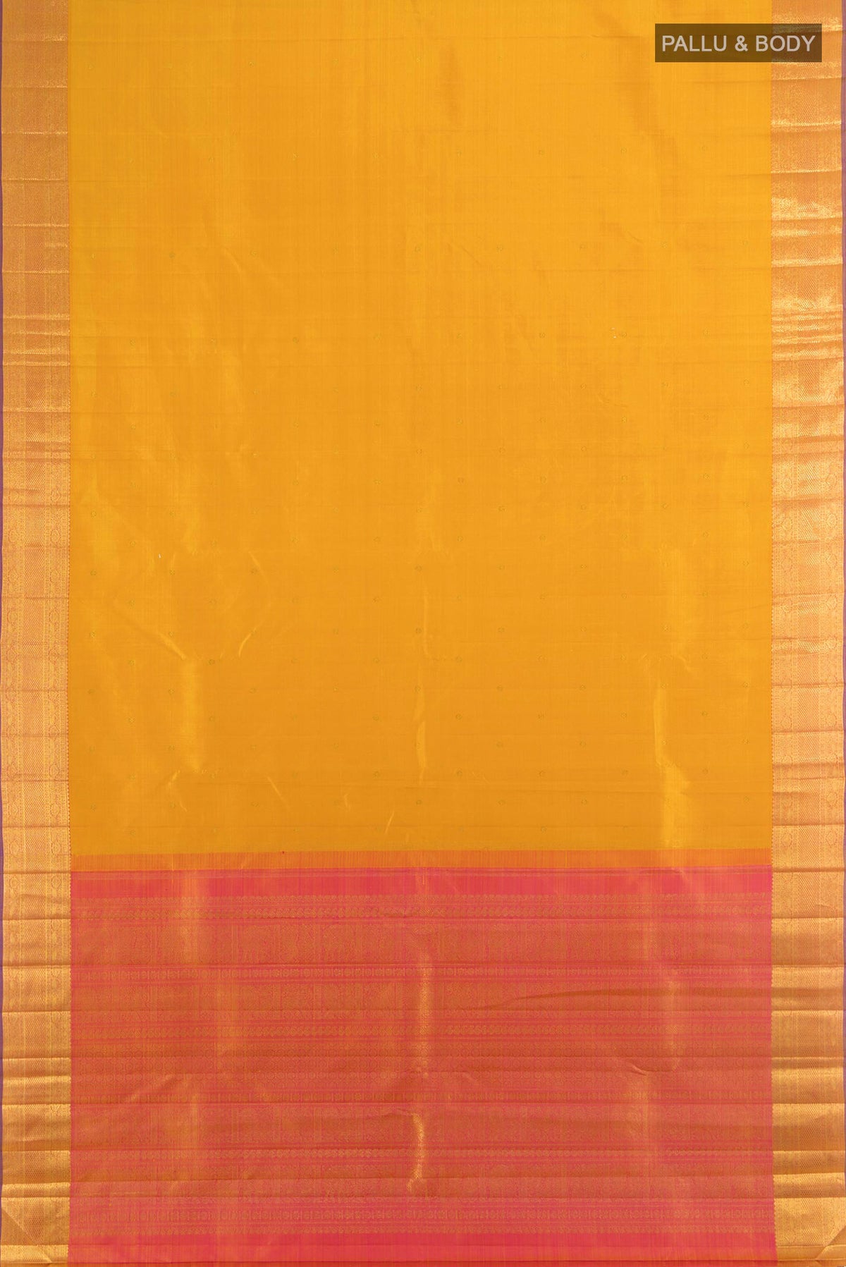 Flat view of Pure Silk Pure Zari Mustard Kanjivaram Saree with Zari Butta on the body and Silk Border. 