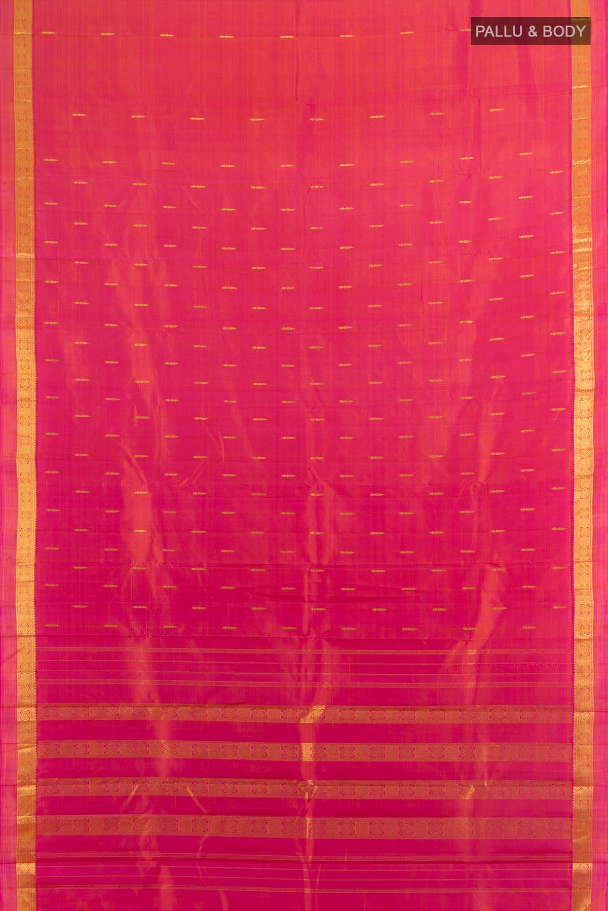 Flat view of Pure Silk Pure Zari Peach Kanjivaram Saree with Zari Butta on the body and Silk Border. 