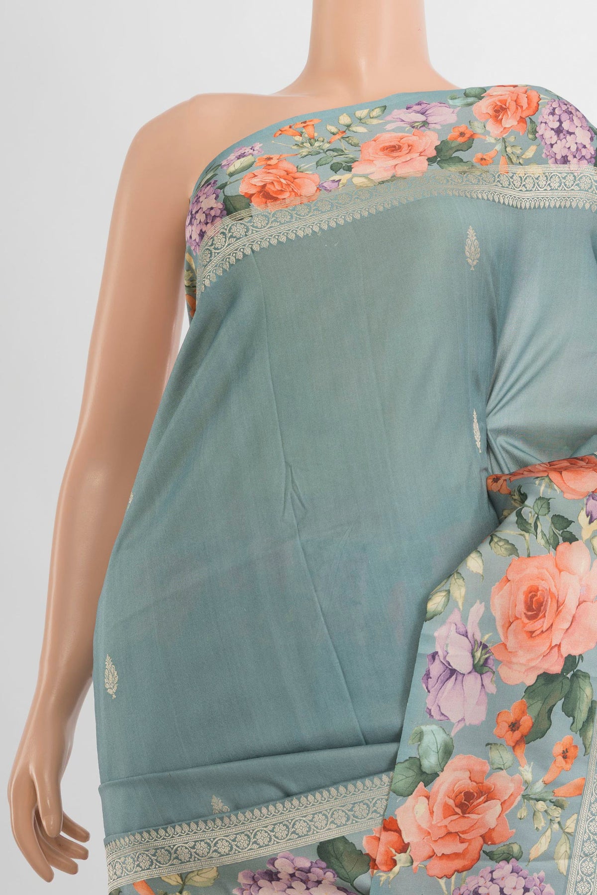 Border image of Burgundy Tussar Saree with Floral Print on the body and Silk Border. 