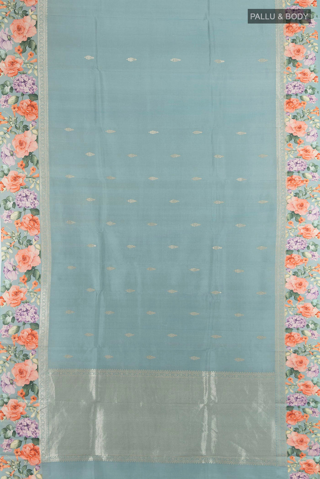 Flat view of Burgundy Tussar Saree with Floral Print on the body and Silk Border. 