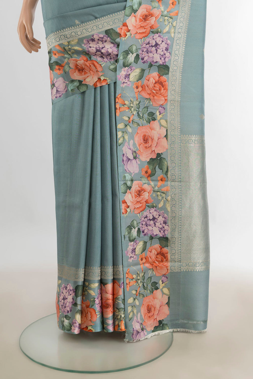 Pleats and pallu of Burgundy Tussar Saree with Floral Print on the body and Silk Border. 