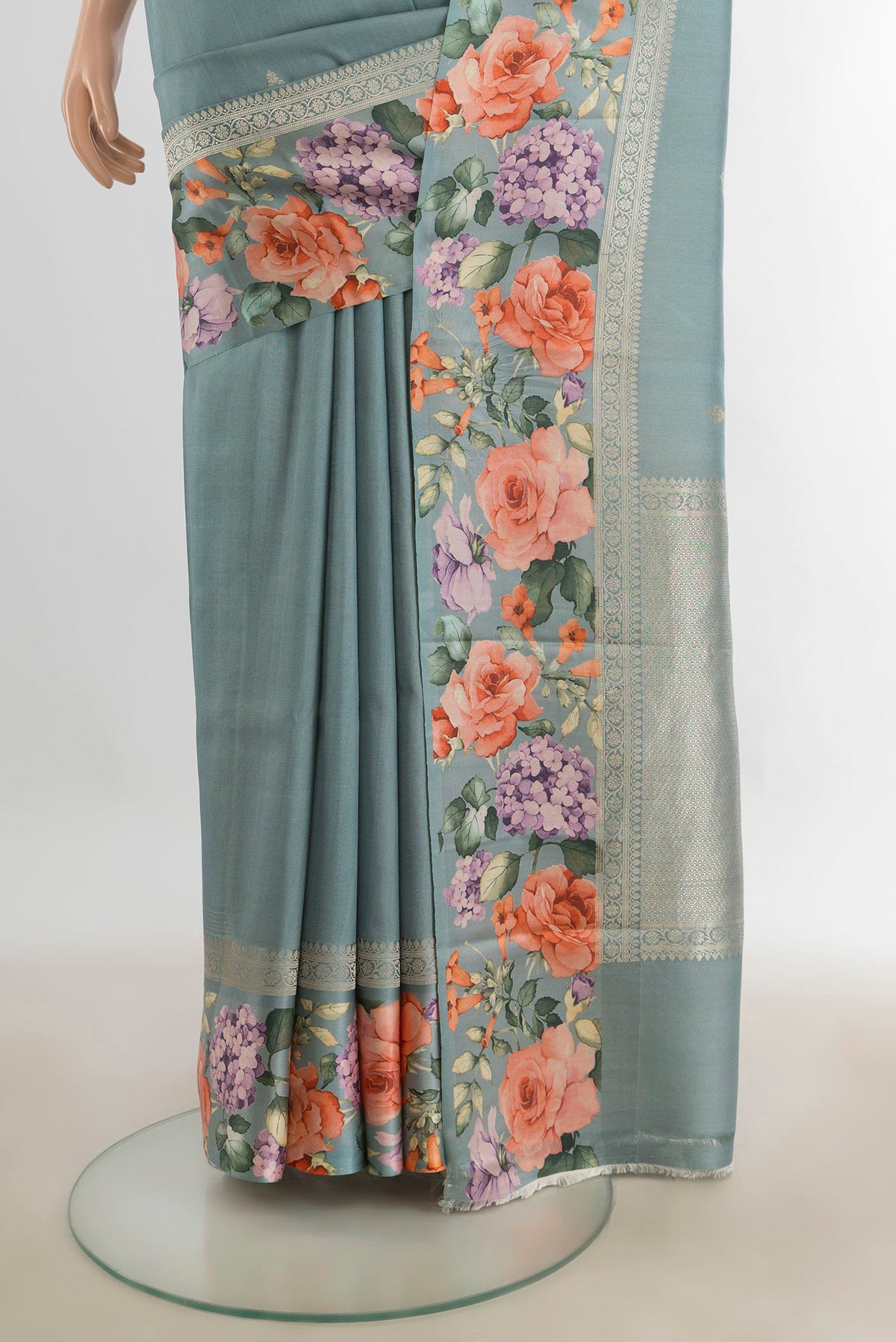 Pleats and pallu of Burgundy Tussar Saree with Floral Print on the body and Silk Border. 