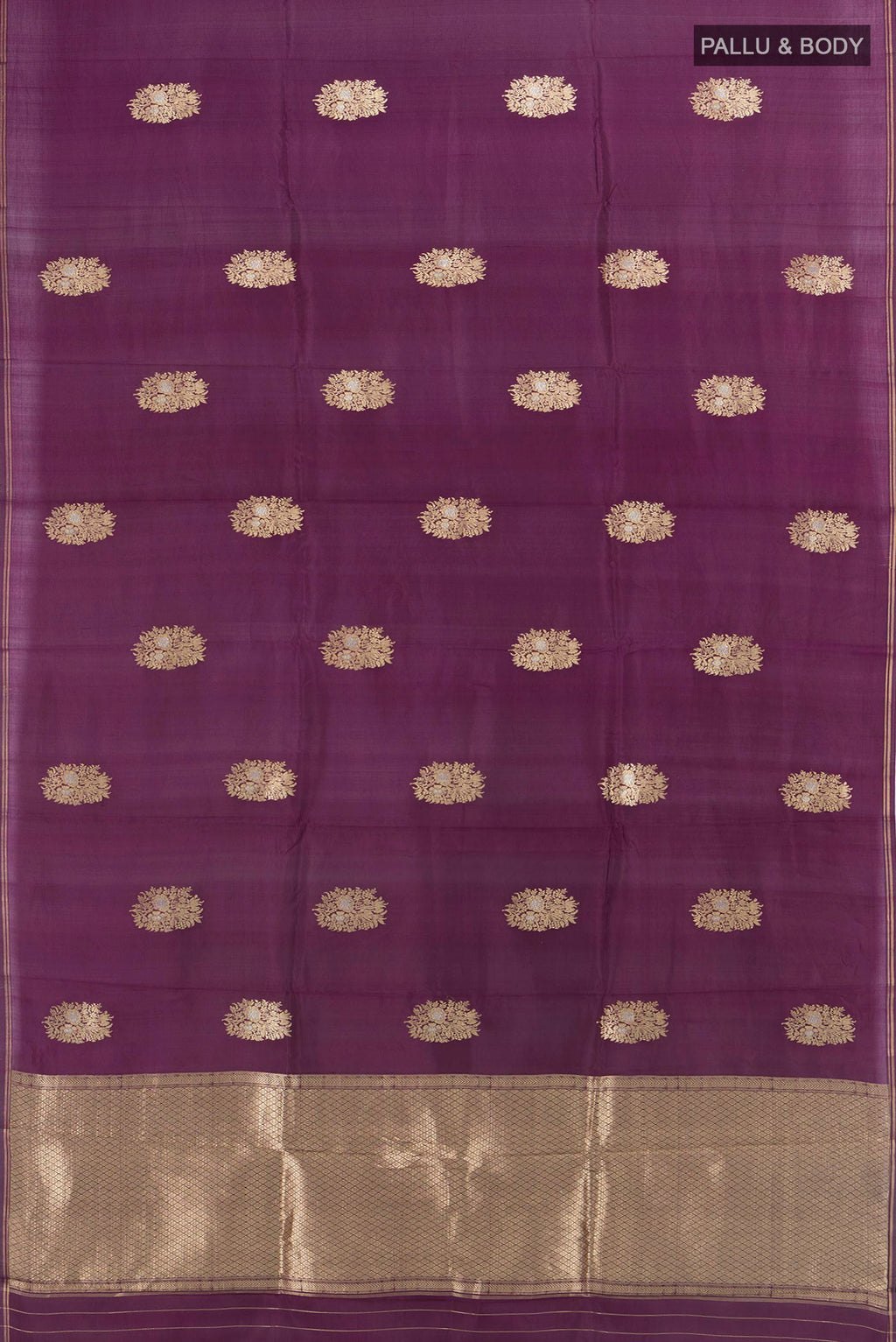 Flat view of Pure Silk Purple Banarasi Katan Saree with Zari Butta on the body and Zari Border. 
