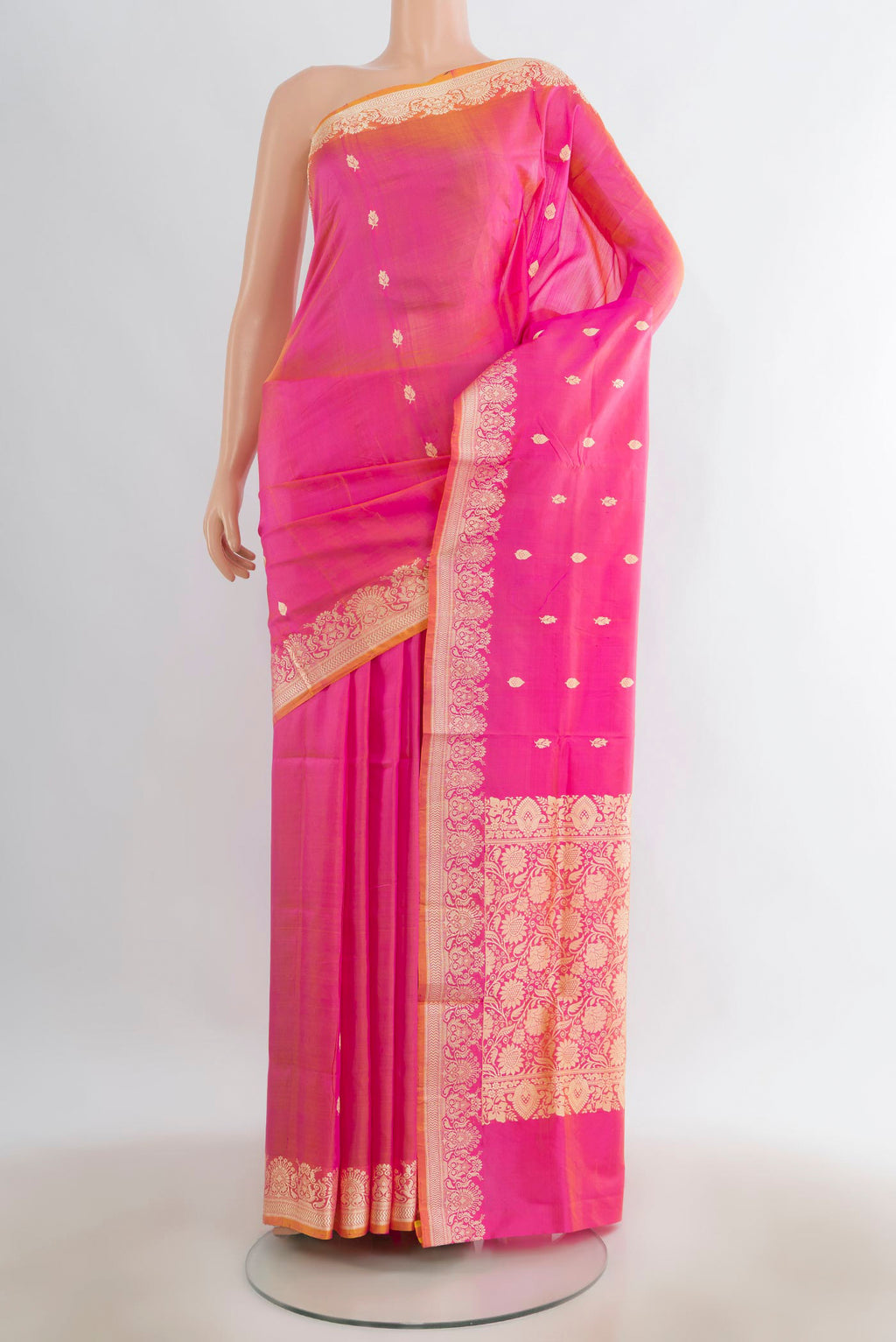 Pure Silk Pink Dual Tone Banarasi Katan Saree with Zari Butta on the body and Zari Border.  displayed on a mannequin