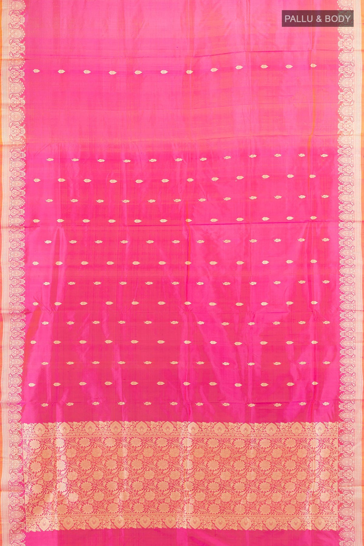 Flat view of Pure Silk Pink Dual Tone Banarasi Katan Saree with Zari Butta on the body and Zari Border. 