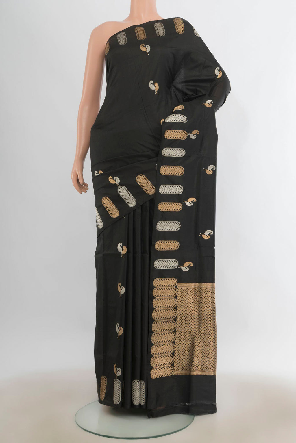 Pure Silk Black Banarasi Katan Saree with Zari Butta on the body and Fancy Border.  displayed on a mannequin