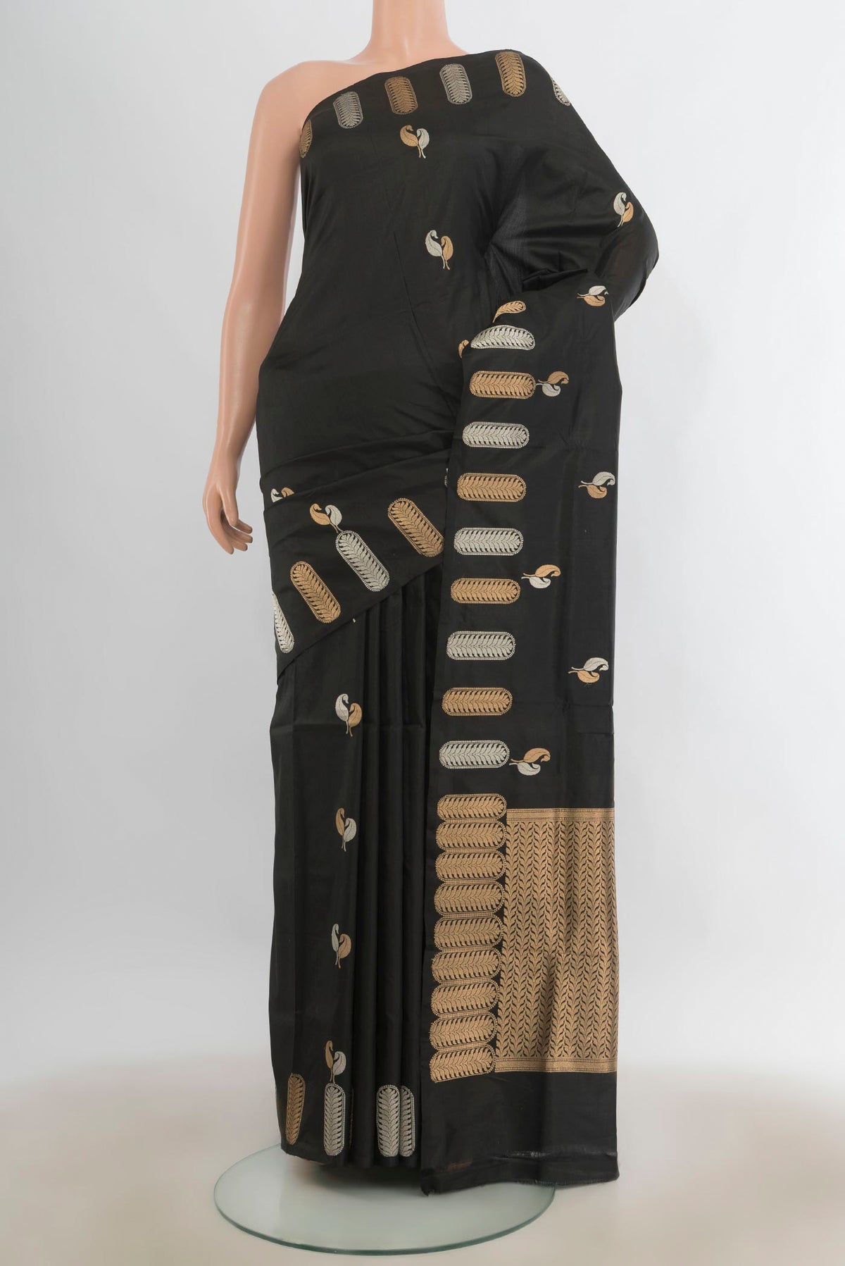 Pure Silk Black Banarasi Katan Saree with Zari Butta on the body and Fancy Border.  displayed on a mannequin