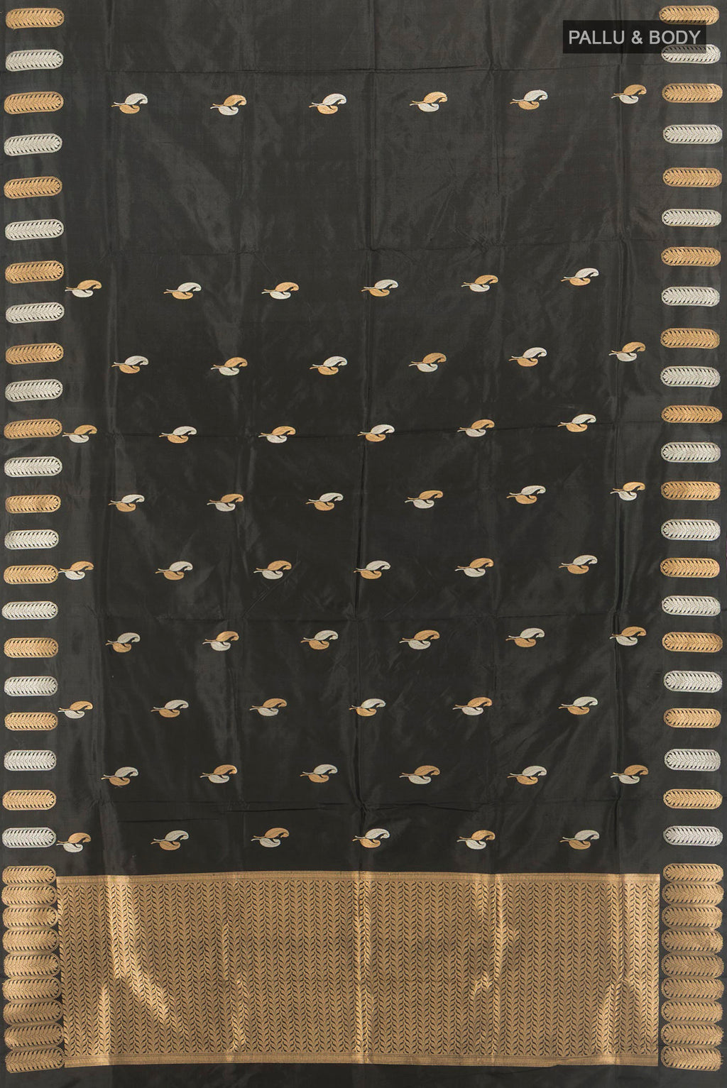Flat view of Pure Silk Black Banarasi Katan Saree with Zari Butta on the body and Fancy Border. 