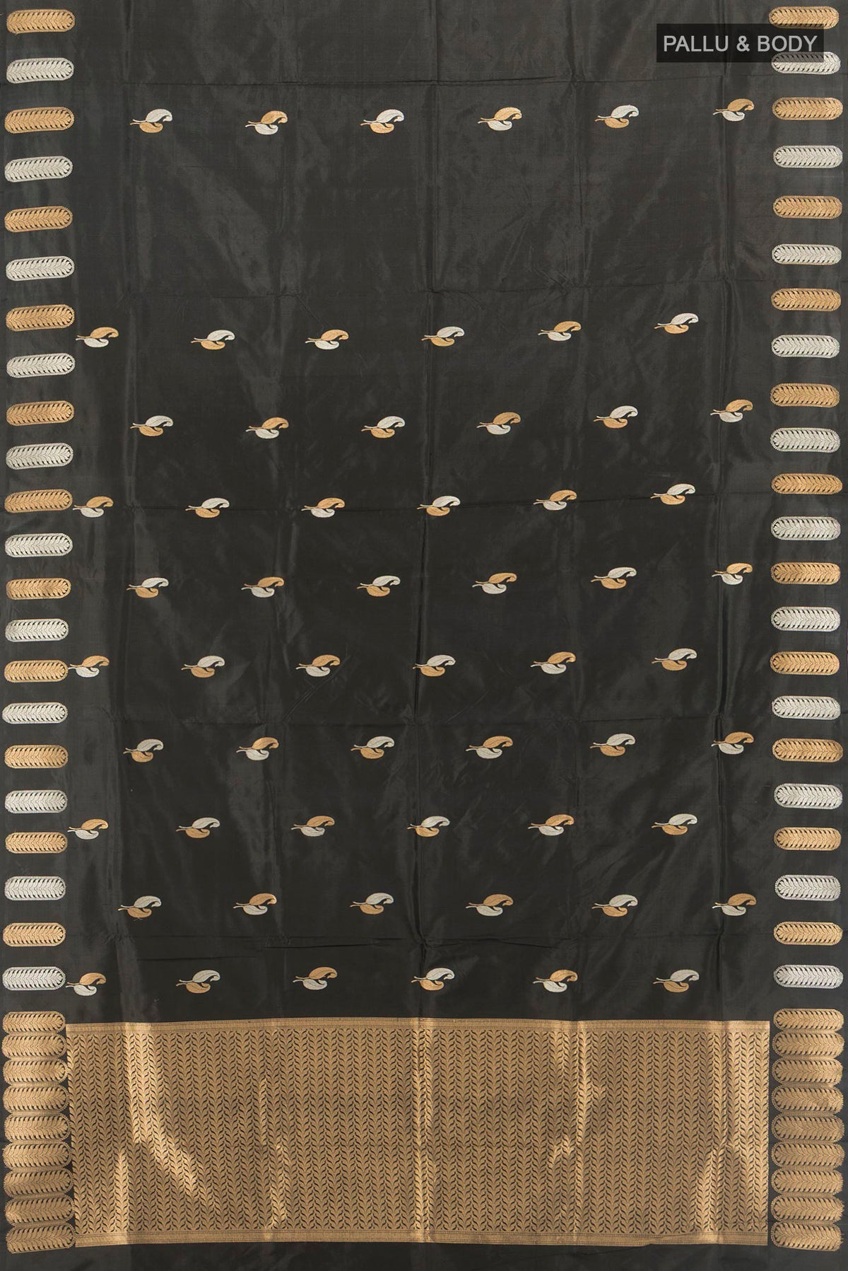 Flat view of Pure Silk Black Banarasi Katan Saree with Zari Butta on the body and Fancy Border. 