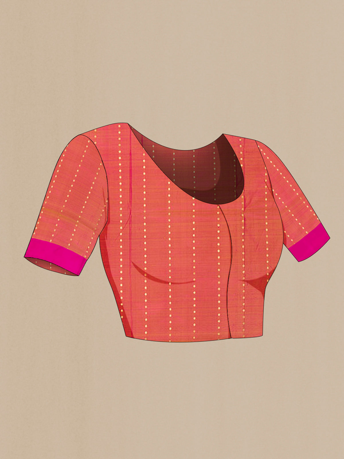 Close up image of the blouse of Pure Silk Pinkish Yellow Banarasi Katan Saree with Stripes on the body and Plain Border. 