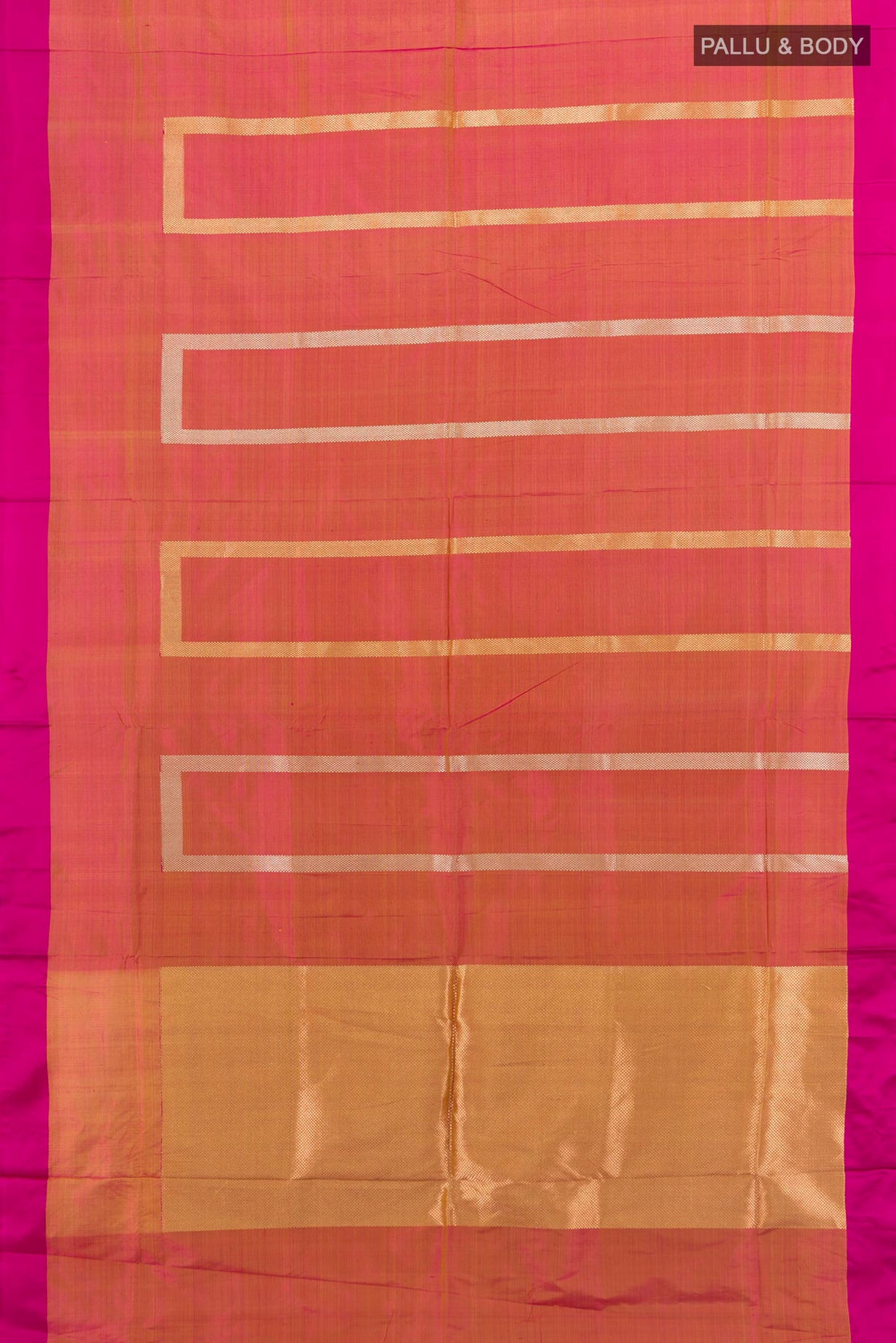 Flat view of Pure Silk Pinkish Yellow Banarasi Katan Saree with Stripes on the body and Plain Border. 
